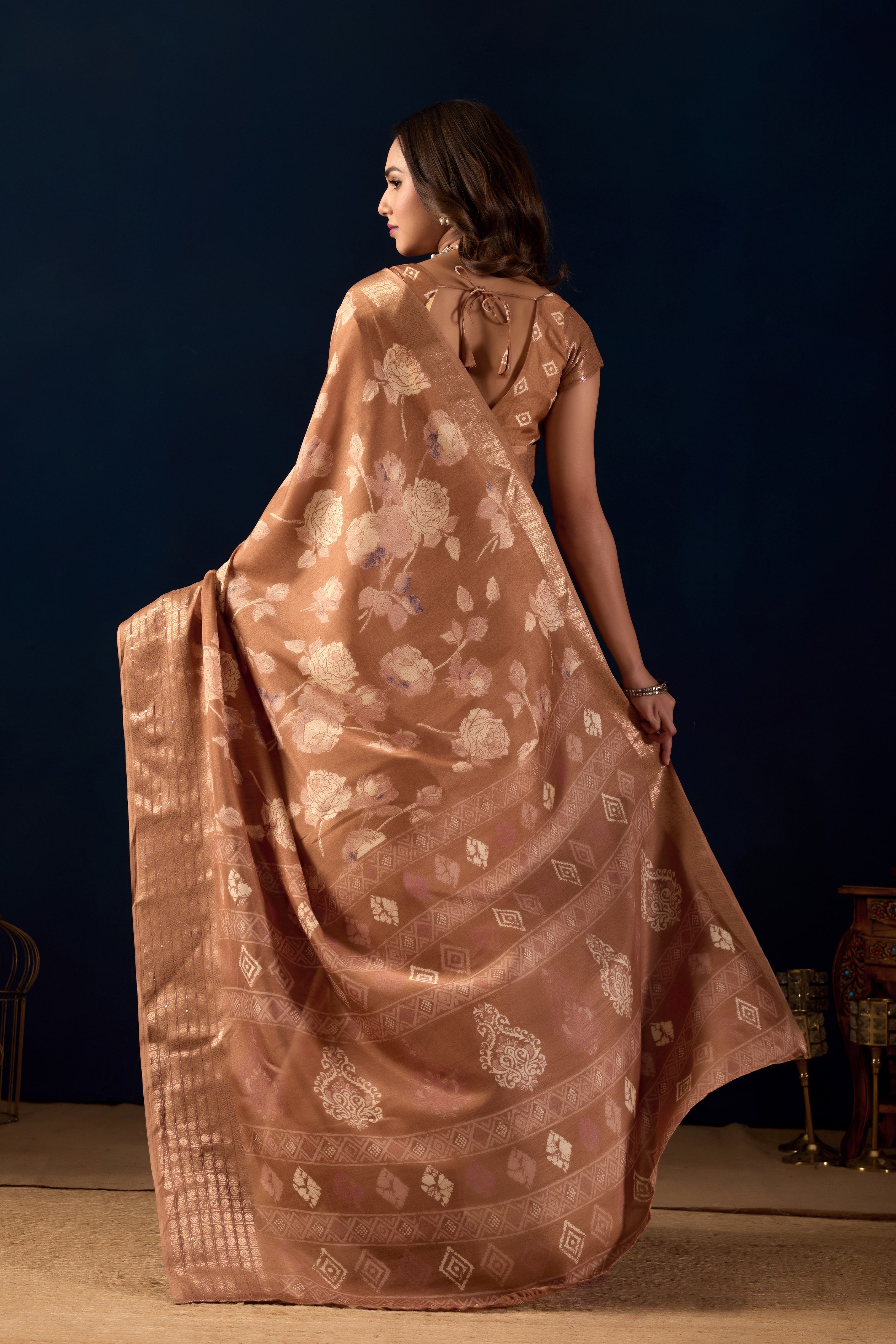 Brown Color Silk Cotton Floral Woven Design Ready to Wear Saree