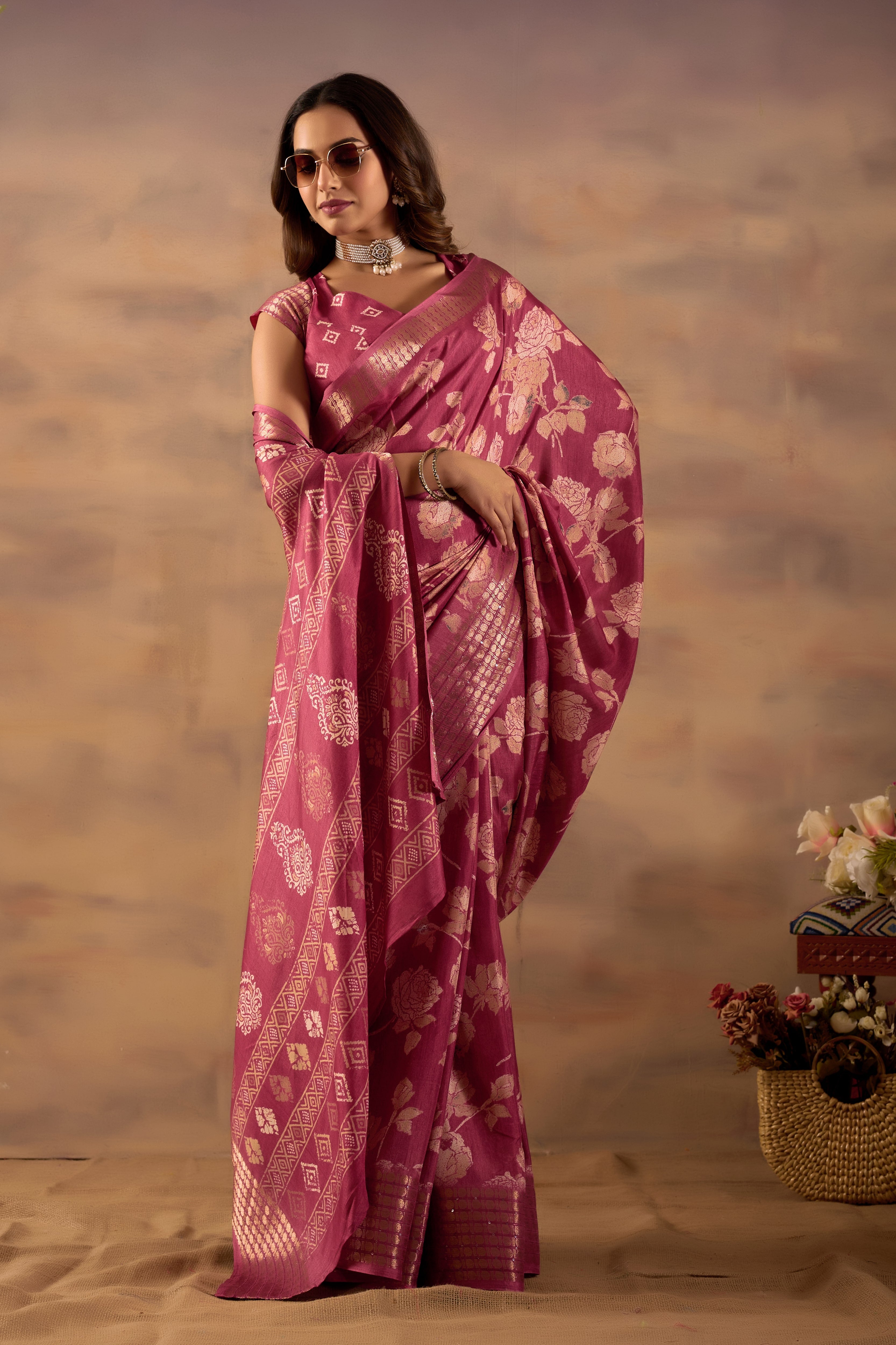 Pink Silk Cotton Floral Woven Zari Border Ready to Wear Saree