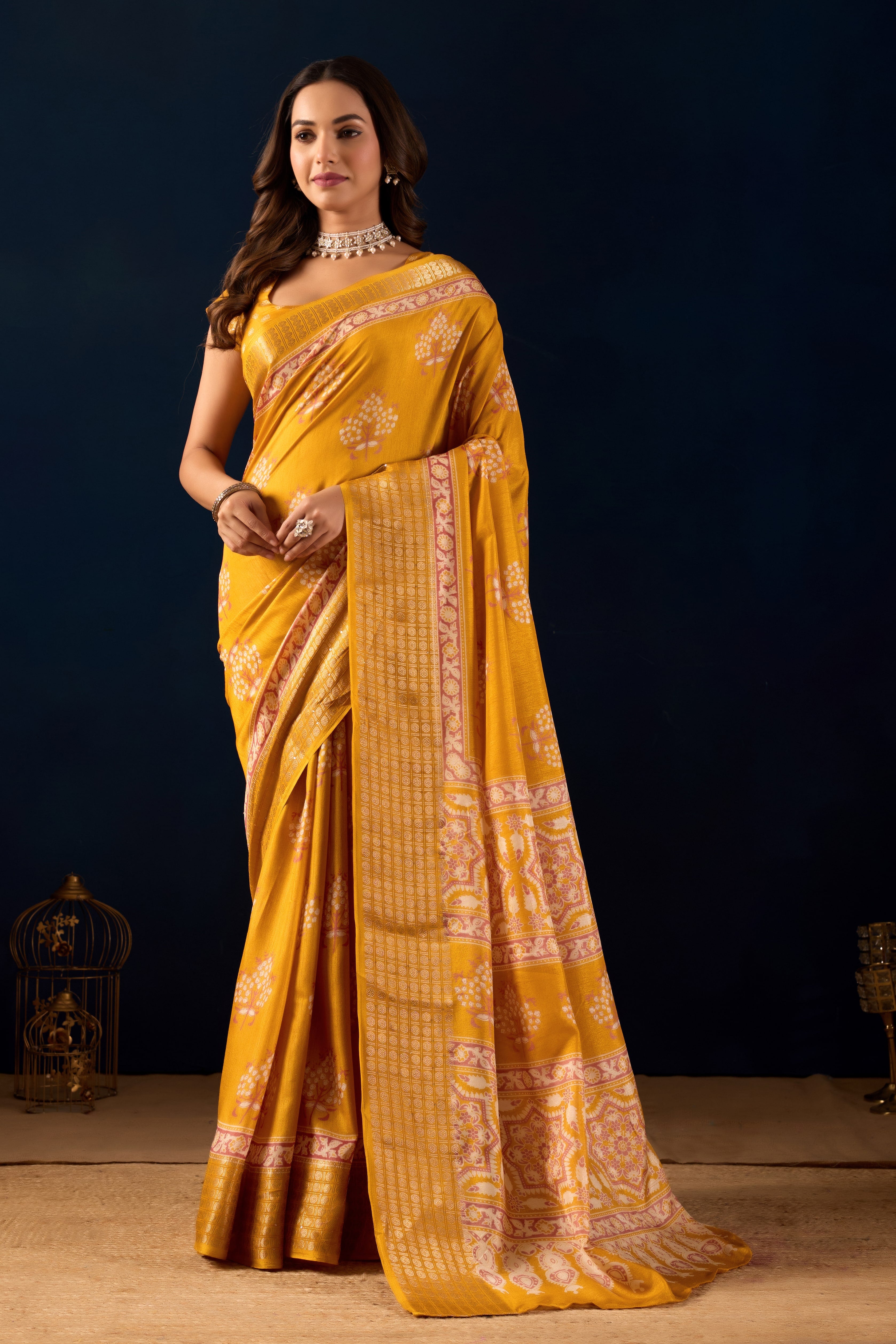 Elegant Mustard Silk Cotton Saree featuring Ornate Floral Butas and Rich Golden Pallu