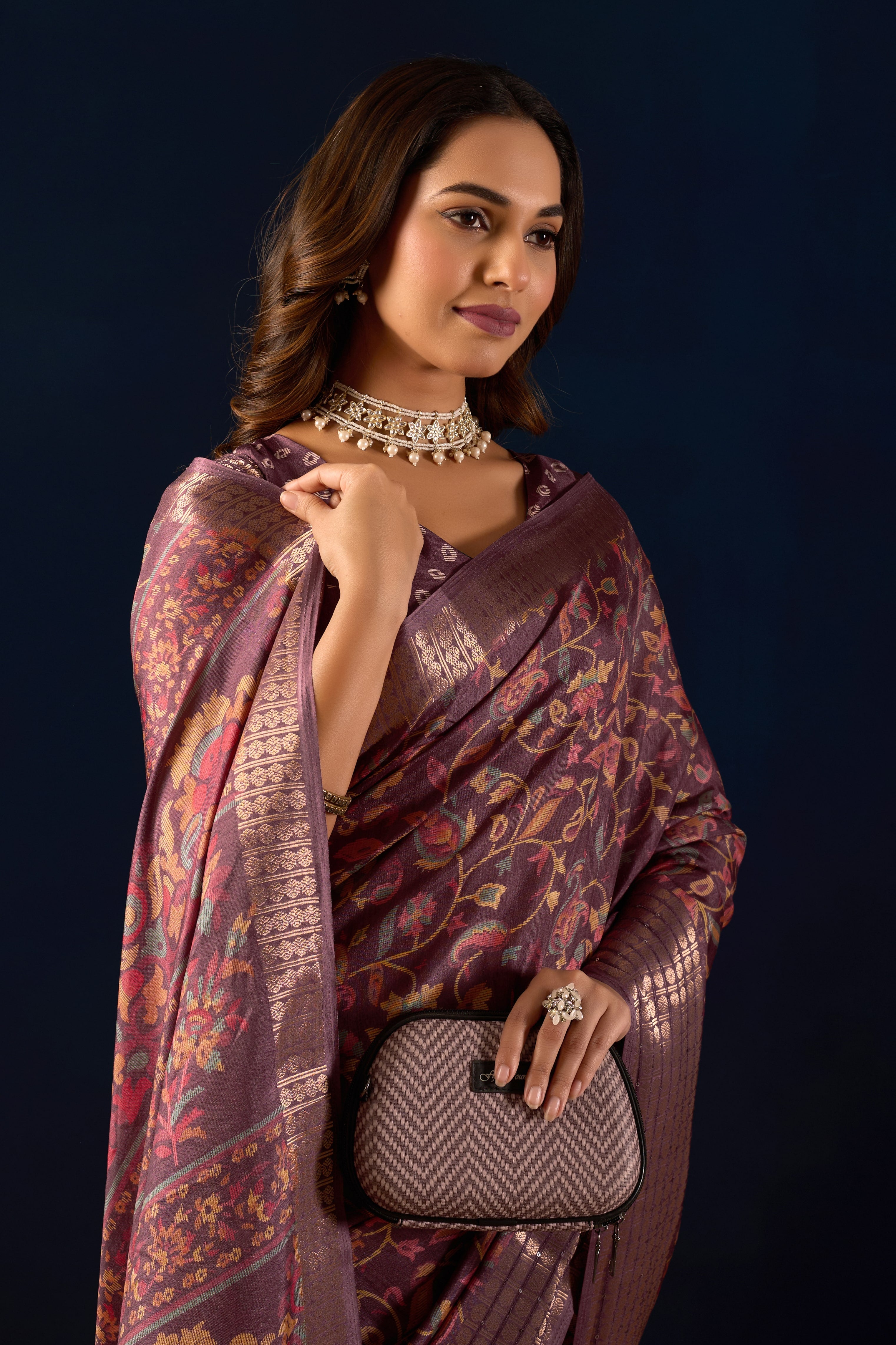Timeless Elegance in Mauve Dola Silk with Heritage Kalamkari Prints