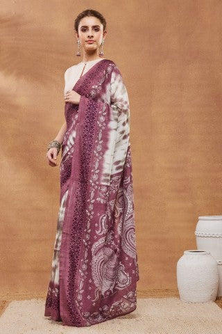 White Tie and Dye Printed Silk Blend Party Wear Saree