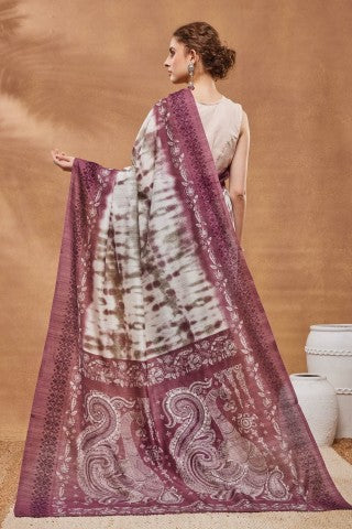White Tie and Dye Printed Silk Blend Party Wear Saree