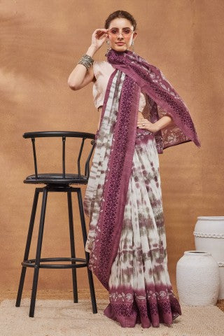 White Tie and Dye Printed Silk Blend Party Wear Saree