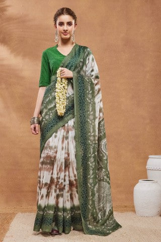 Green Tie and Dye Printed Silk Blend Ready to Wear Saree