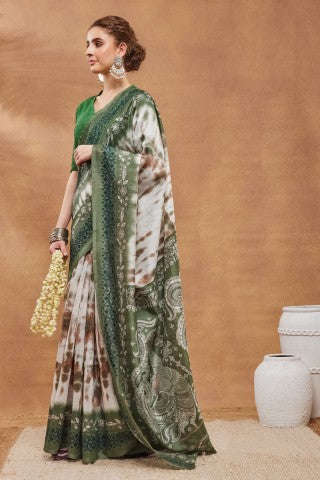 Green Tie and Dye Printed Silk Blend Ready to Wear Saree
