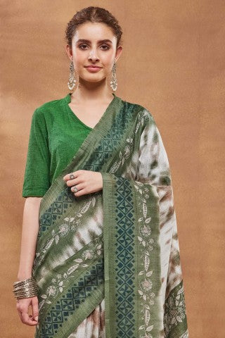 Green Tie and Dye Printed Silk Blend Ready to Wear Saree