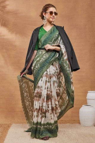 Green Tie and Dye Printed Silk Blend Ready to Wear Saree