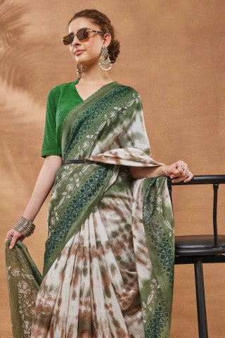 Green Tie and Dye Printed Silk Blend Ready to Wear Saree