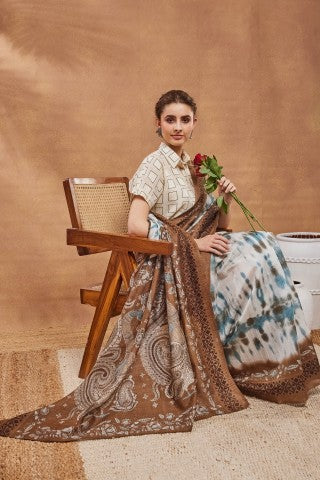 Brown color Dye Printed Silk Blend Designer Saree