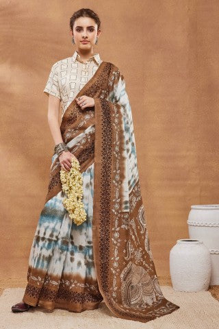 Brown Tie and Dye Printed Silk Blend Ready to Wear Saree