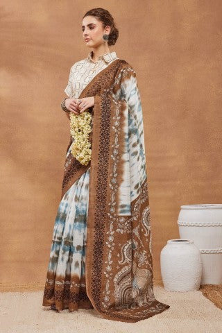 Brown Tie and Dye Printed Silk Blend Ready to Wear Saree