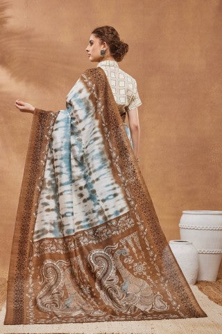 Brown color Dye Printed Silk Blend Designer Saree
