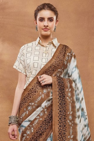 Brown Tie and Dye Printed Silk Blend Ready to Wear Saree