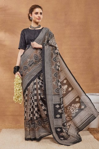Black Abstract Printed Silk Blend Designer Saree