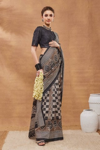 Black Abstract Printed Silk Blend Designer Saree