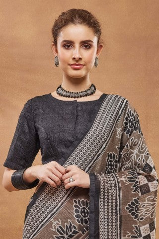 Black Abstract Printed Silk Blend Designer Saree