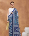 Blue Checked Printed Silk Blend Designer Saree