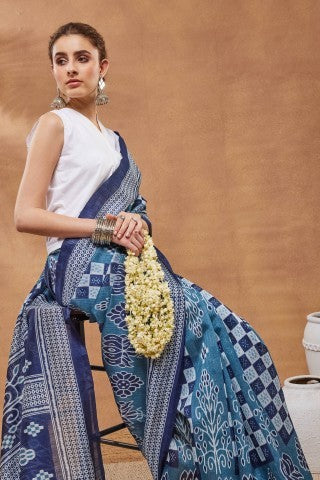 Blue Checked Printed Silk Blend Designer Saree