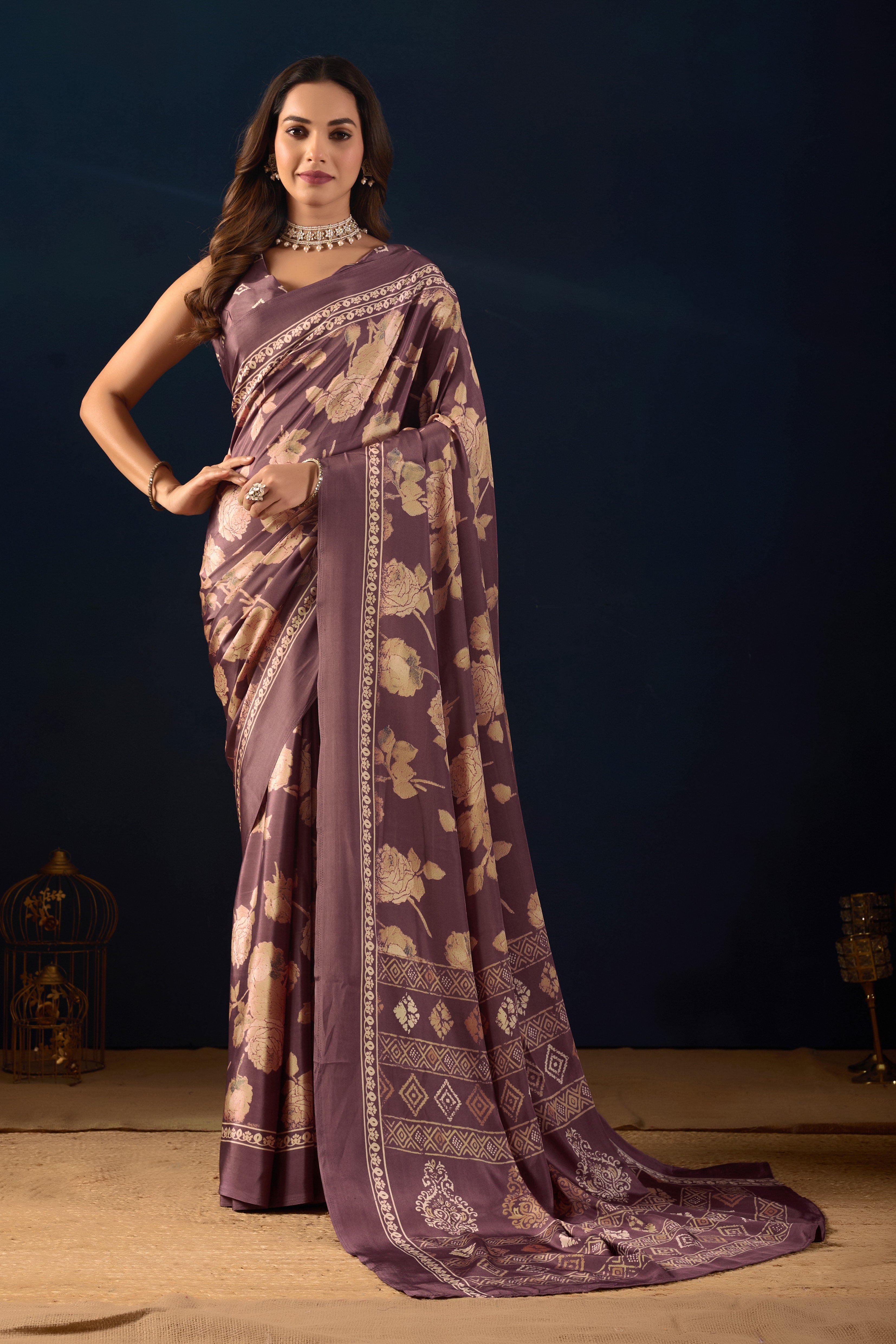 Purple Poly-Crepe Vintage Floral Saree with Matching Blouse .