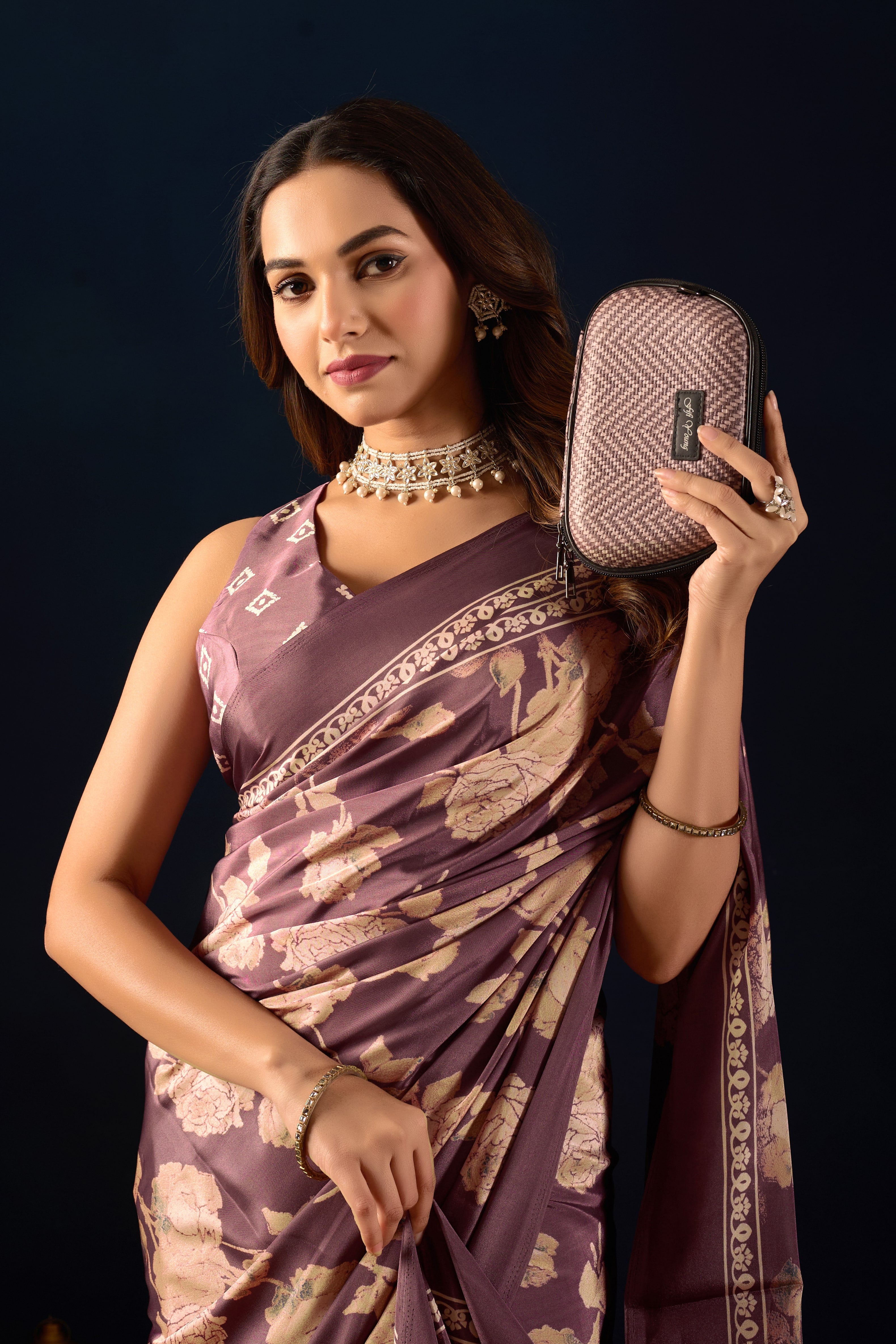 Purple Poly Crepe Floral Printed Ready to Wear Saree