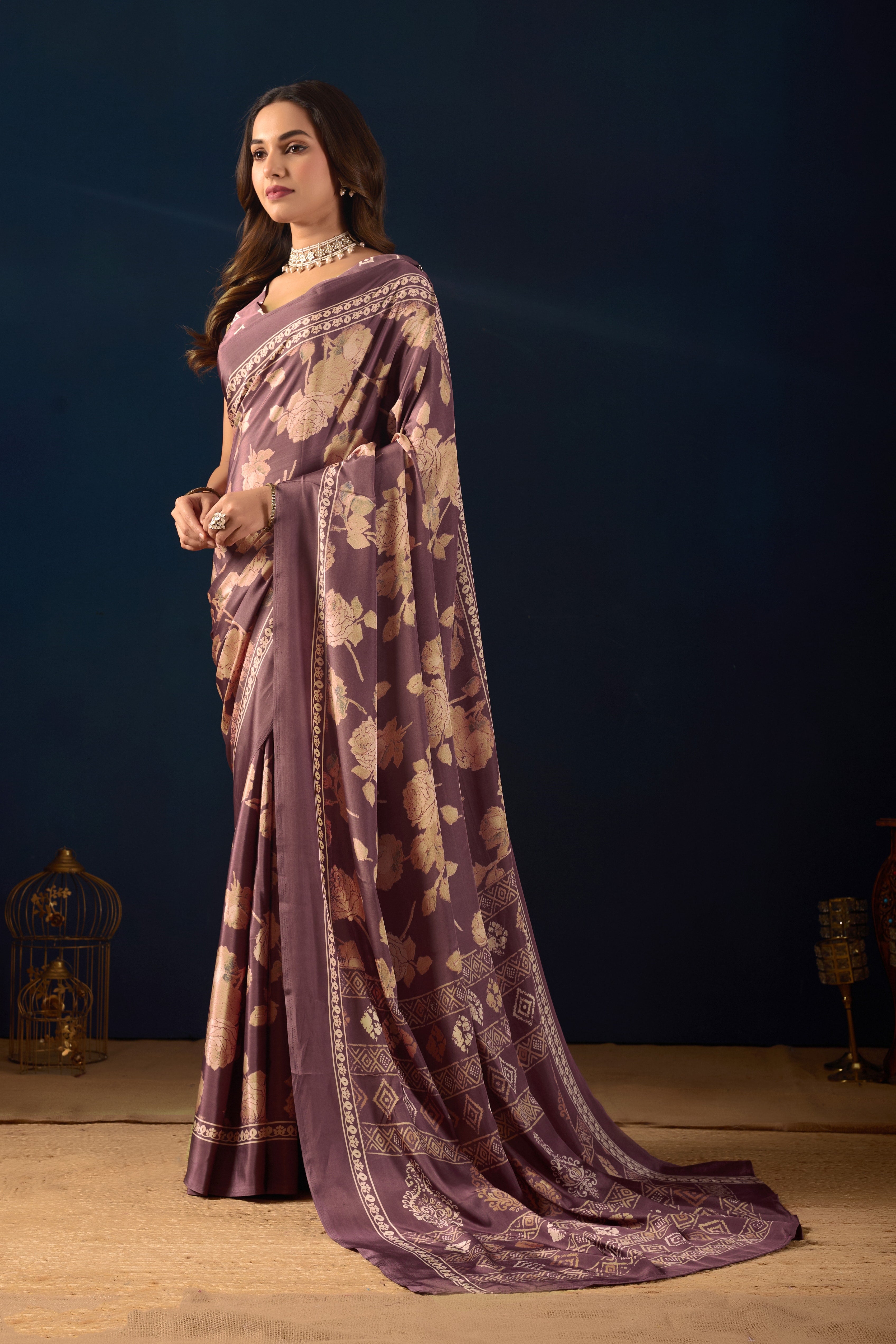 Purple Poly Crepe Floral Printed Ready to Wear Saree
