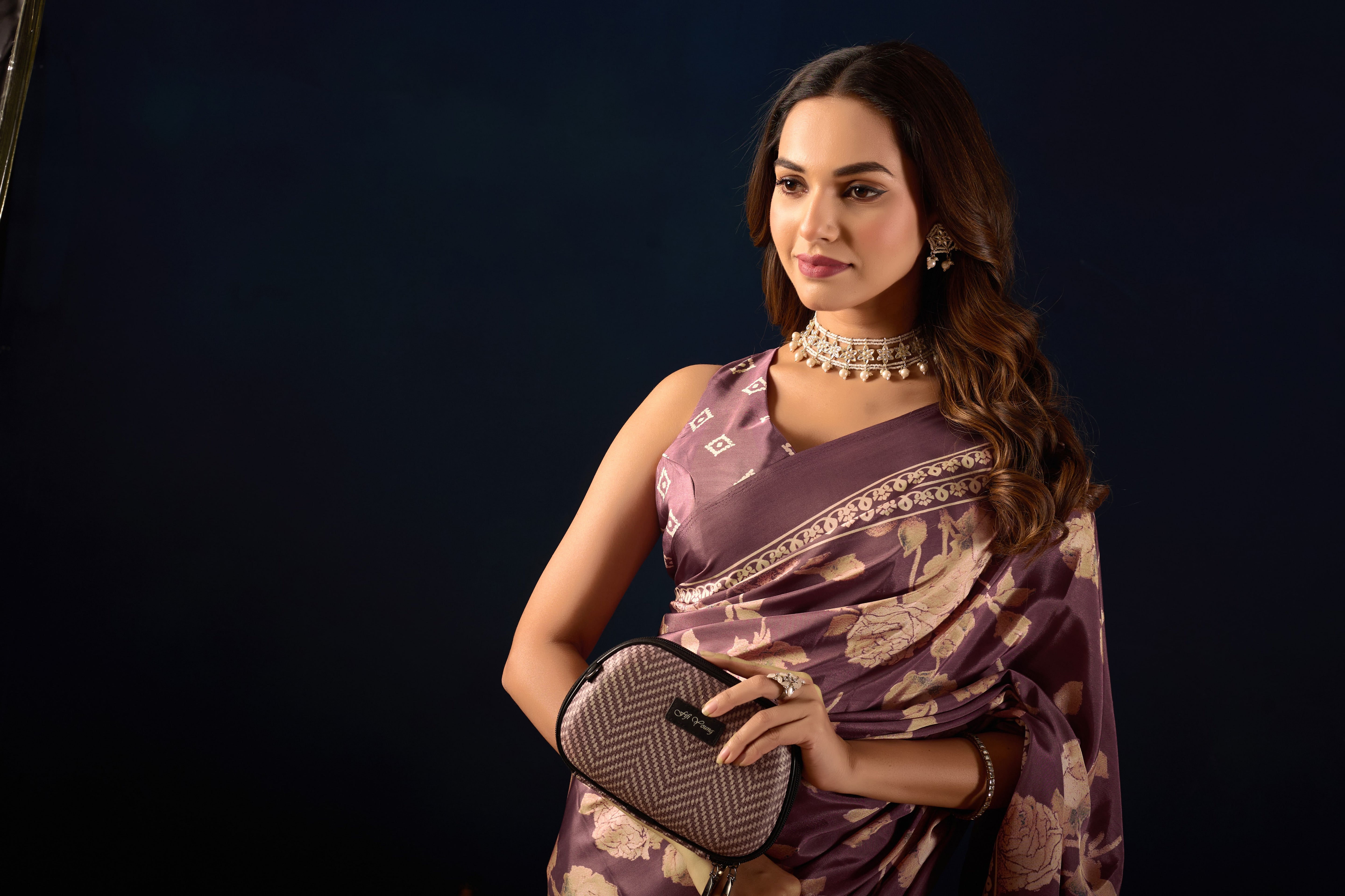 Purple Poly-Crepe Vintage Floral Saree with Matching Blouse .