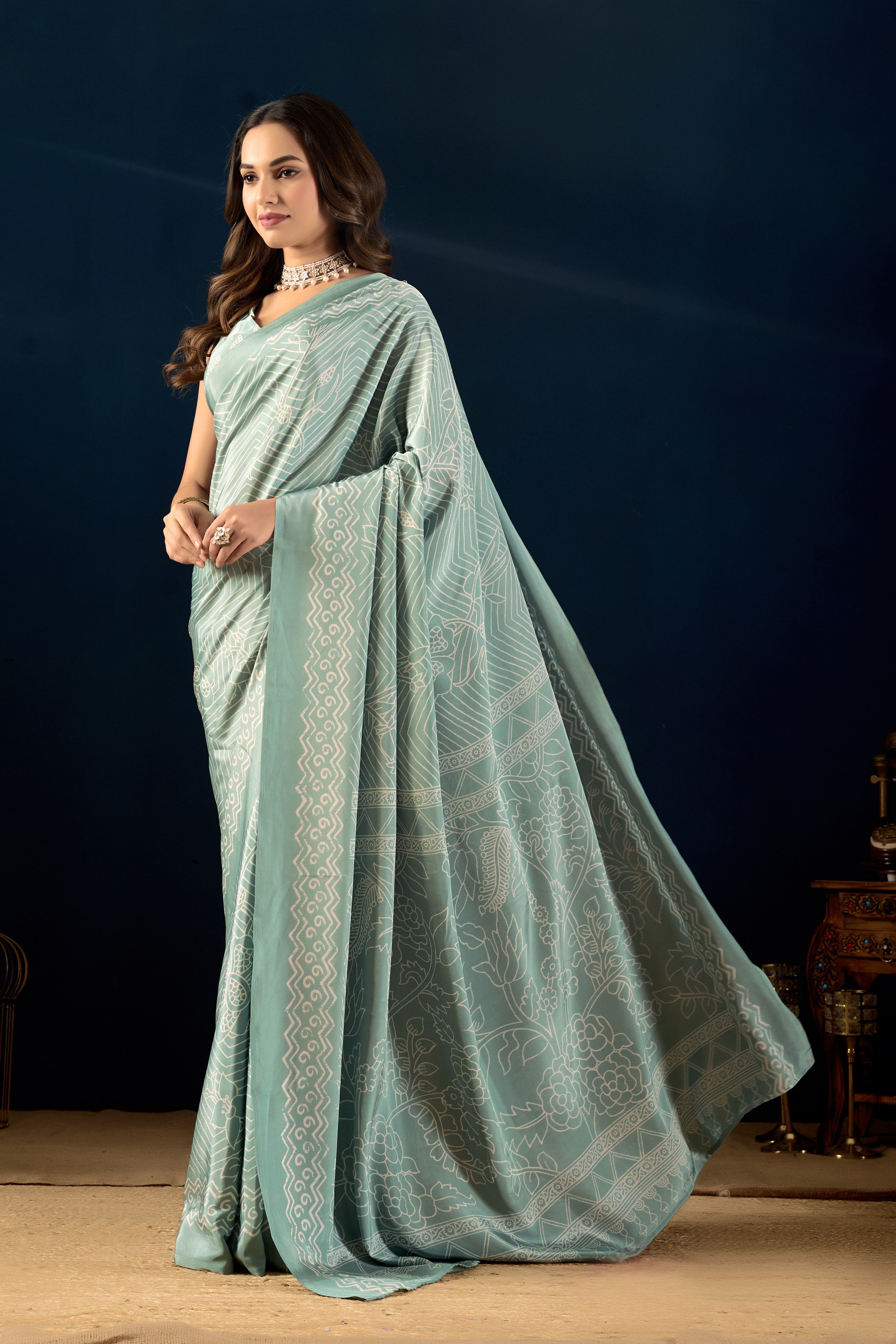 Mauve Heritage Floral Poly-Crepe Saree and Seafoam Geometric Art Poly-Crepe Saree
