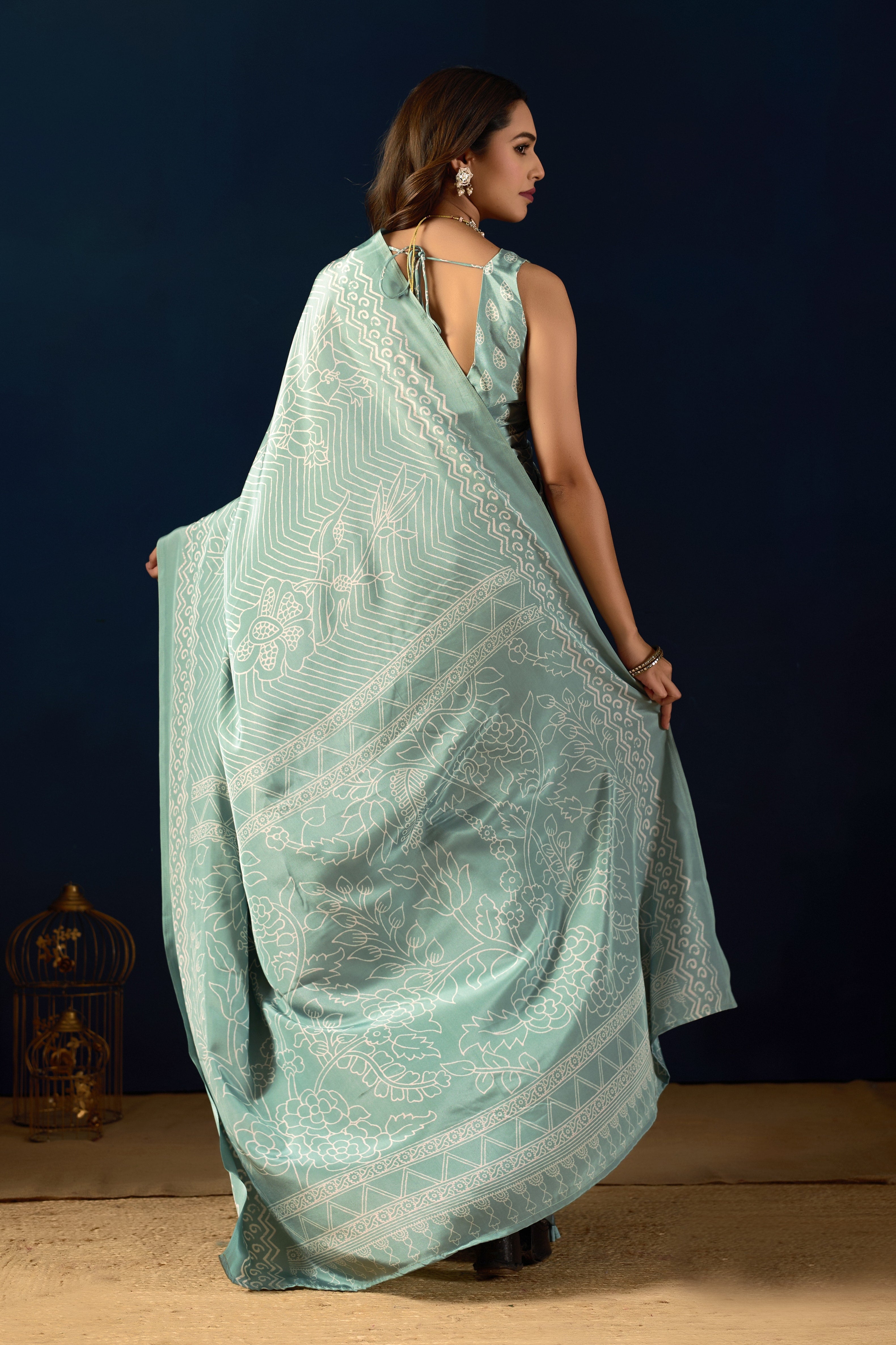Mauve Heritage Floral Poly-Crepe Saree and Seafoam Geometric Art Poly-Crepe Saree