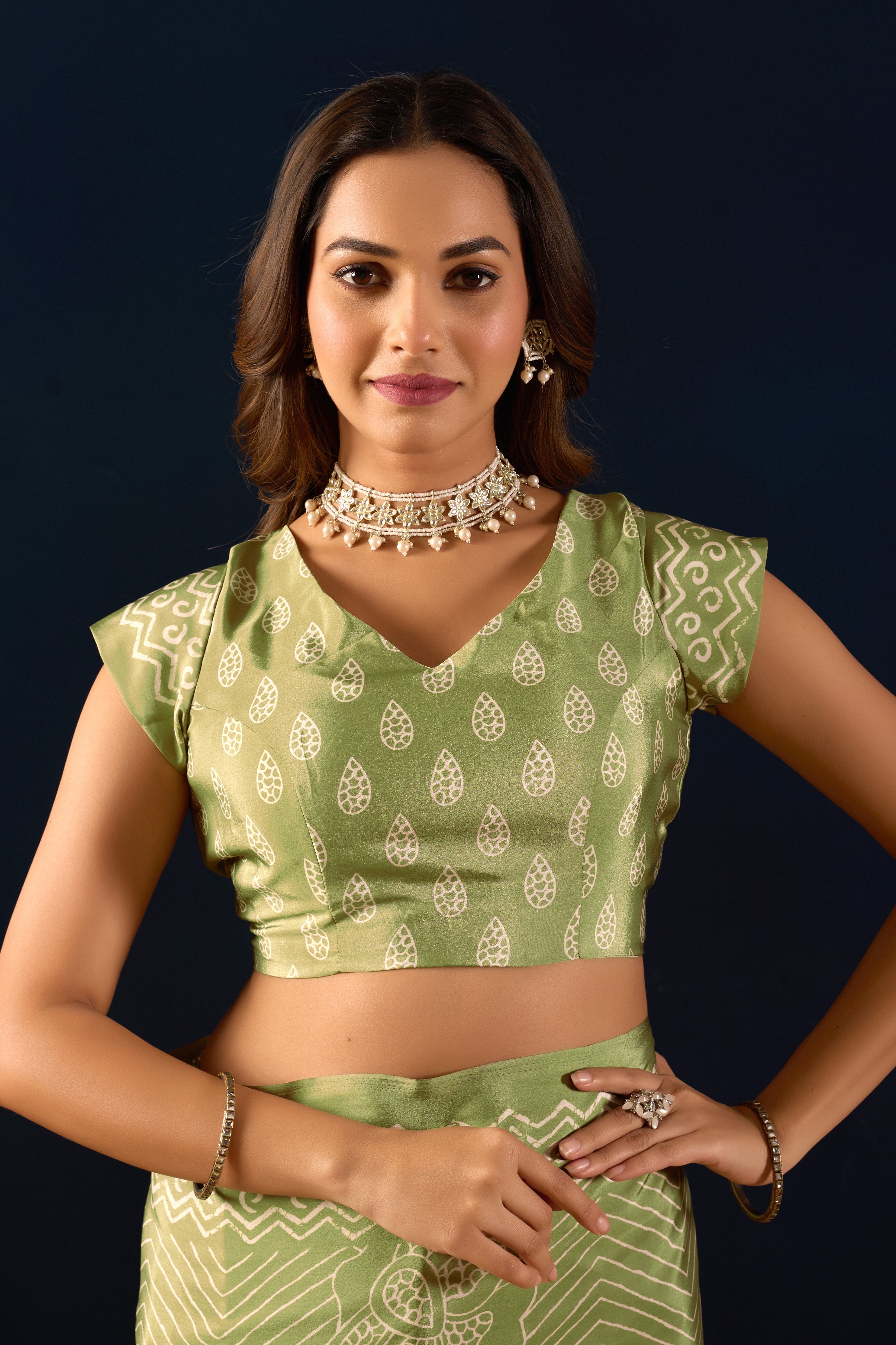 Ethereal Pista Green Saree with Intricate Geometric Floral Patterns .