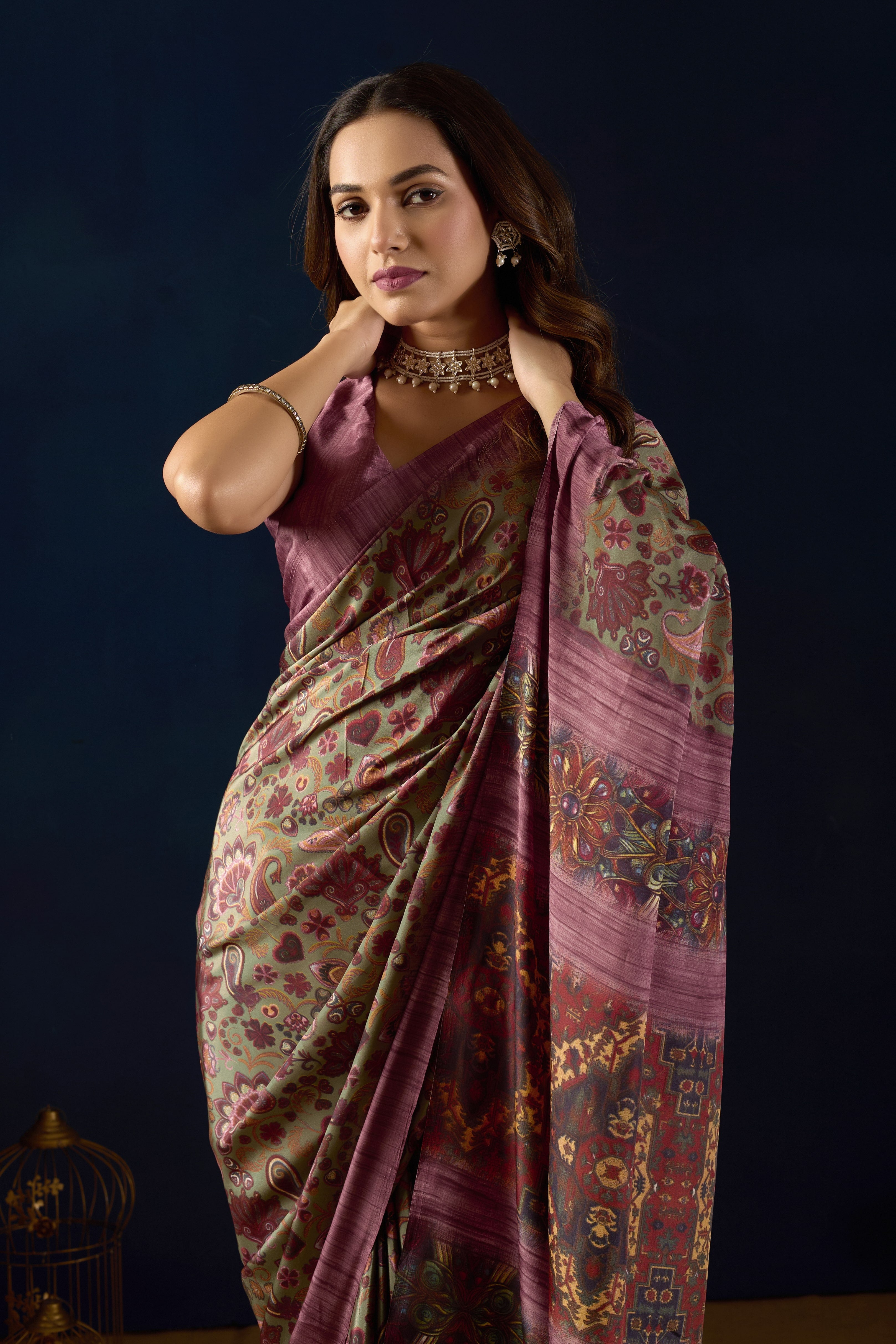 Timeless Deep Green Poly Crepe Saree with Heritage Paisley Prints and Royal Borders