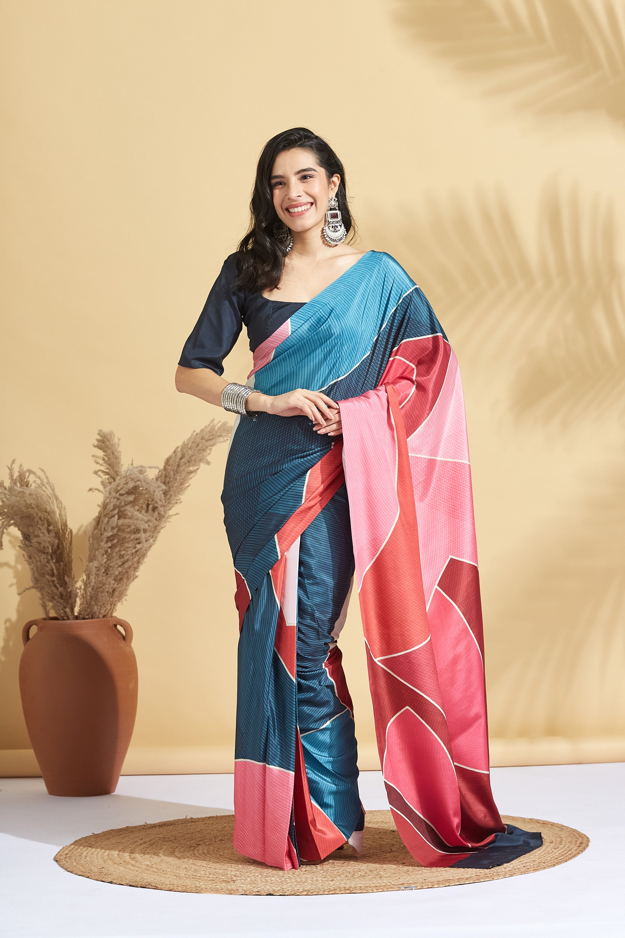 Digital Stripe Print Blue Peach Crepe Saree