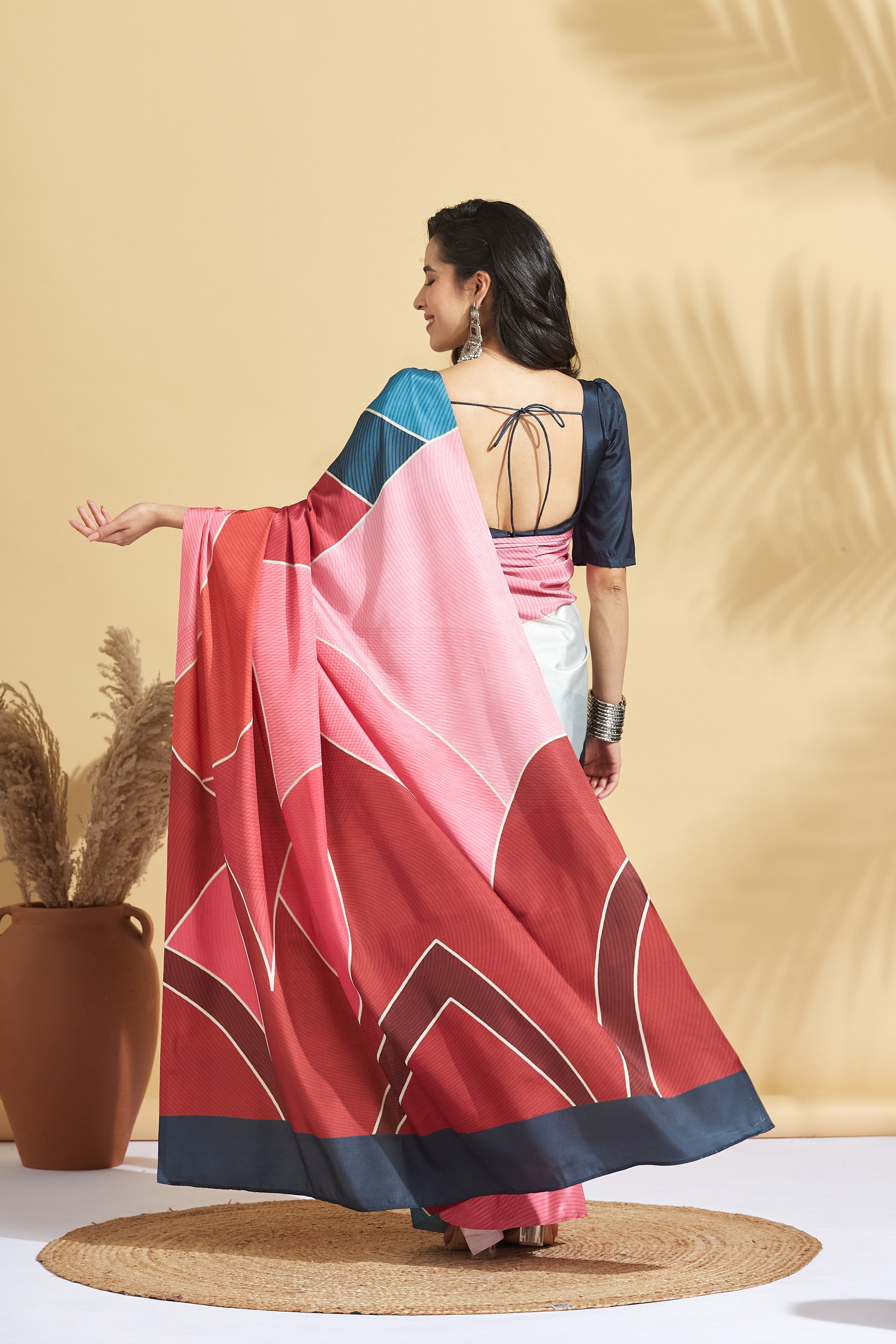 Digital Stripe Print Blue Peach Crepe Ready to Wear Saree