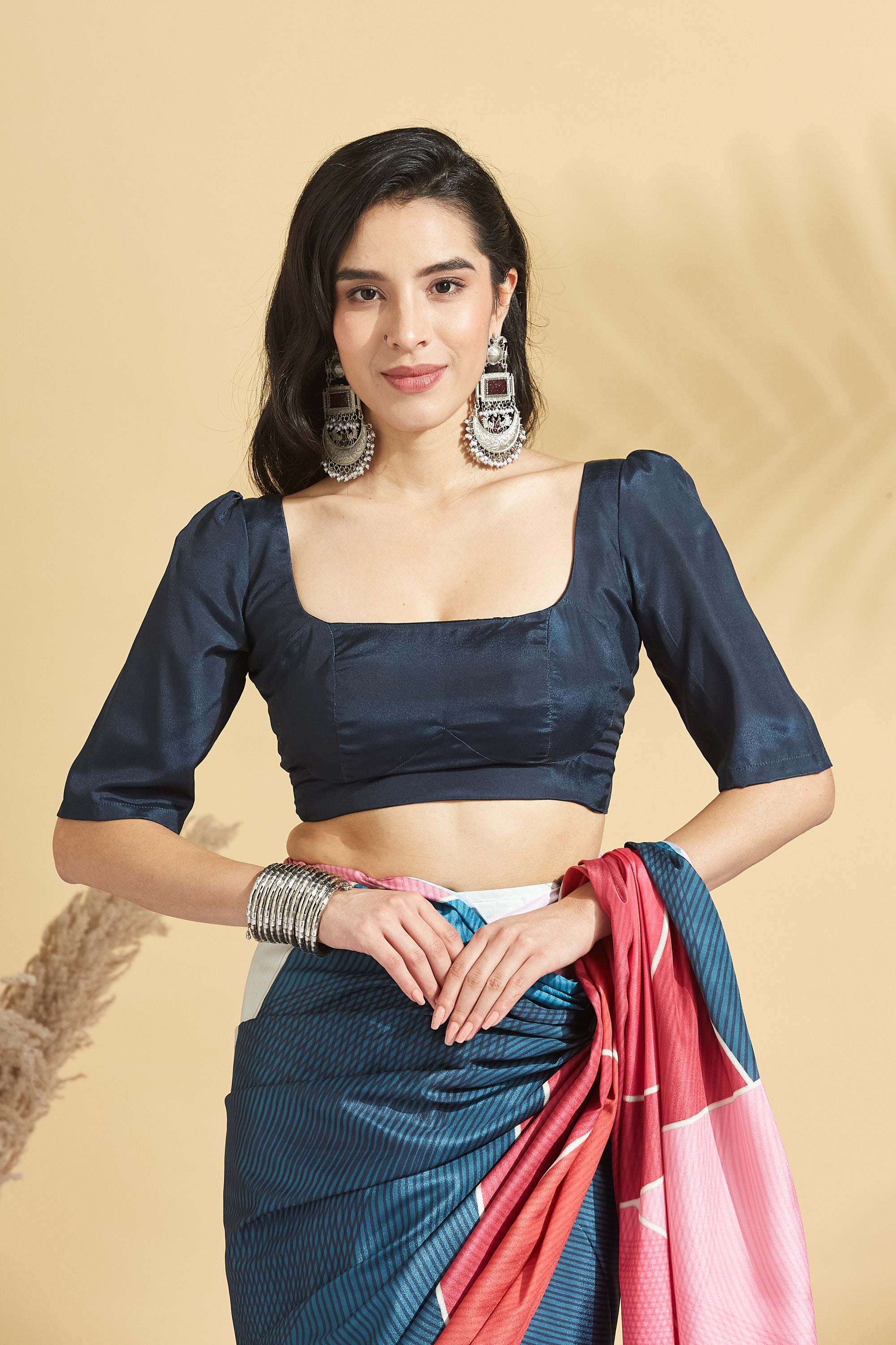 Digital Stripe Print Blue Peach Crepe Ready to Wear Saree