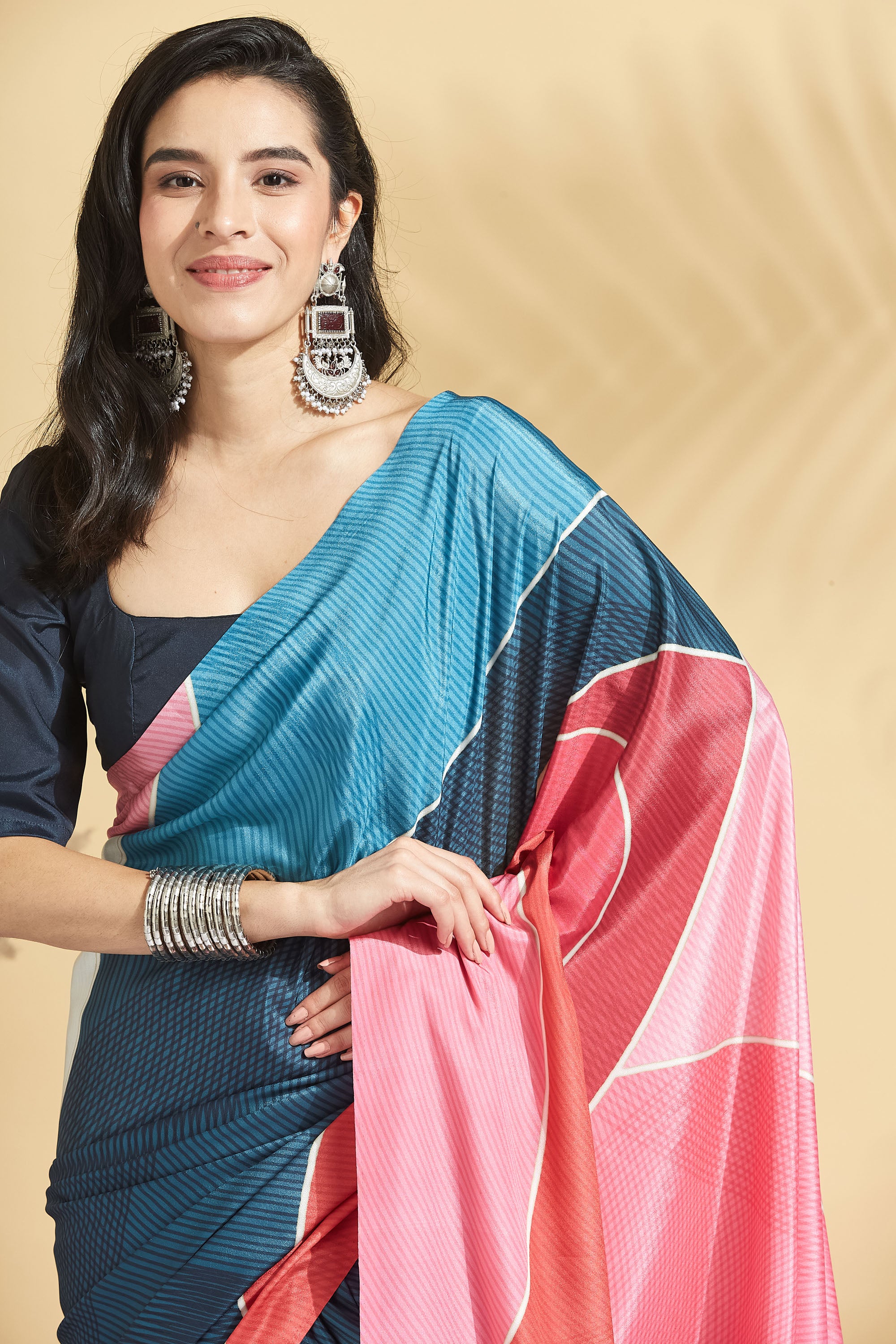 Digital Stripe Print Blue Peach Crepe Ready to Wear Saree