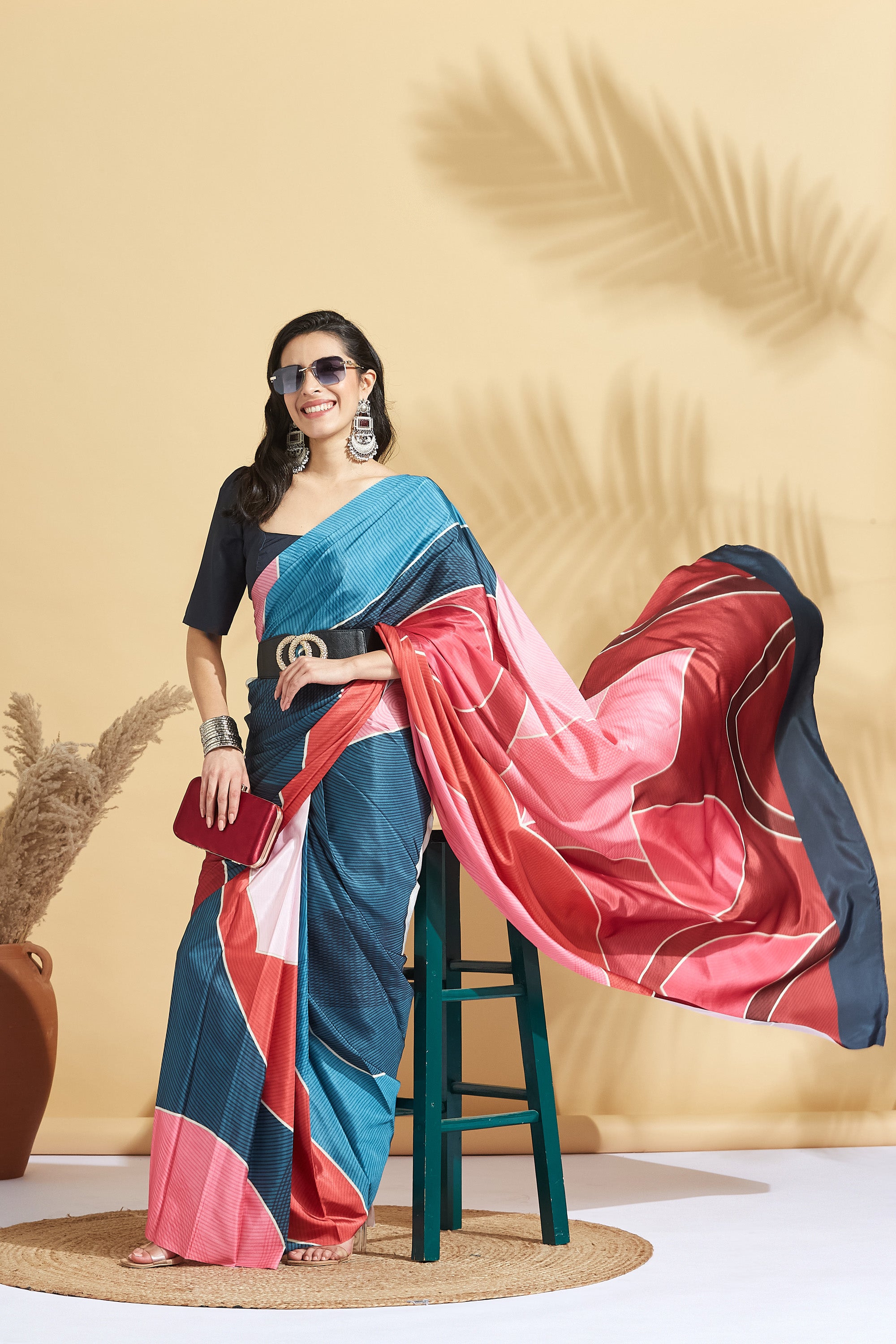 Digital Stripe Print Blue Peach Crepe Ready to Wear Saree