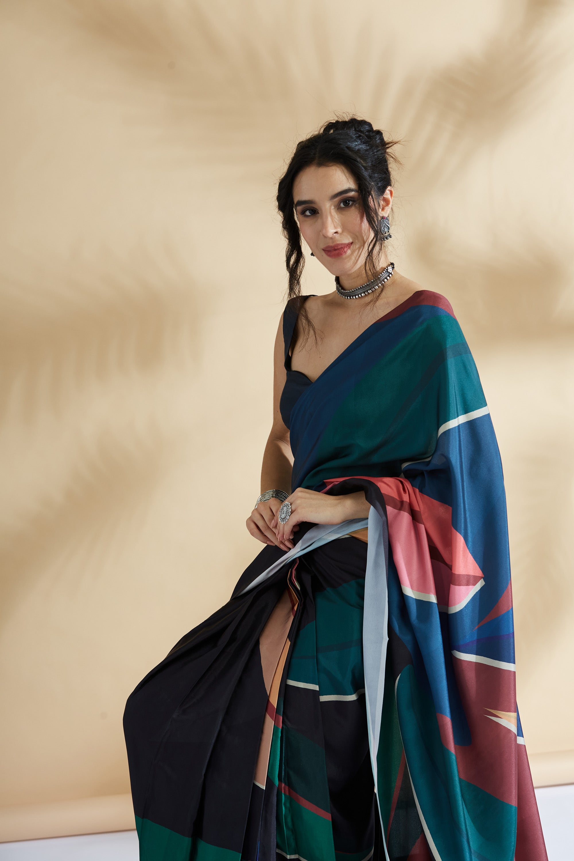 Artisian Sketch Digital Printed Colourblock Crepe Ready to wear Saree