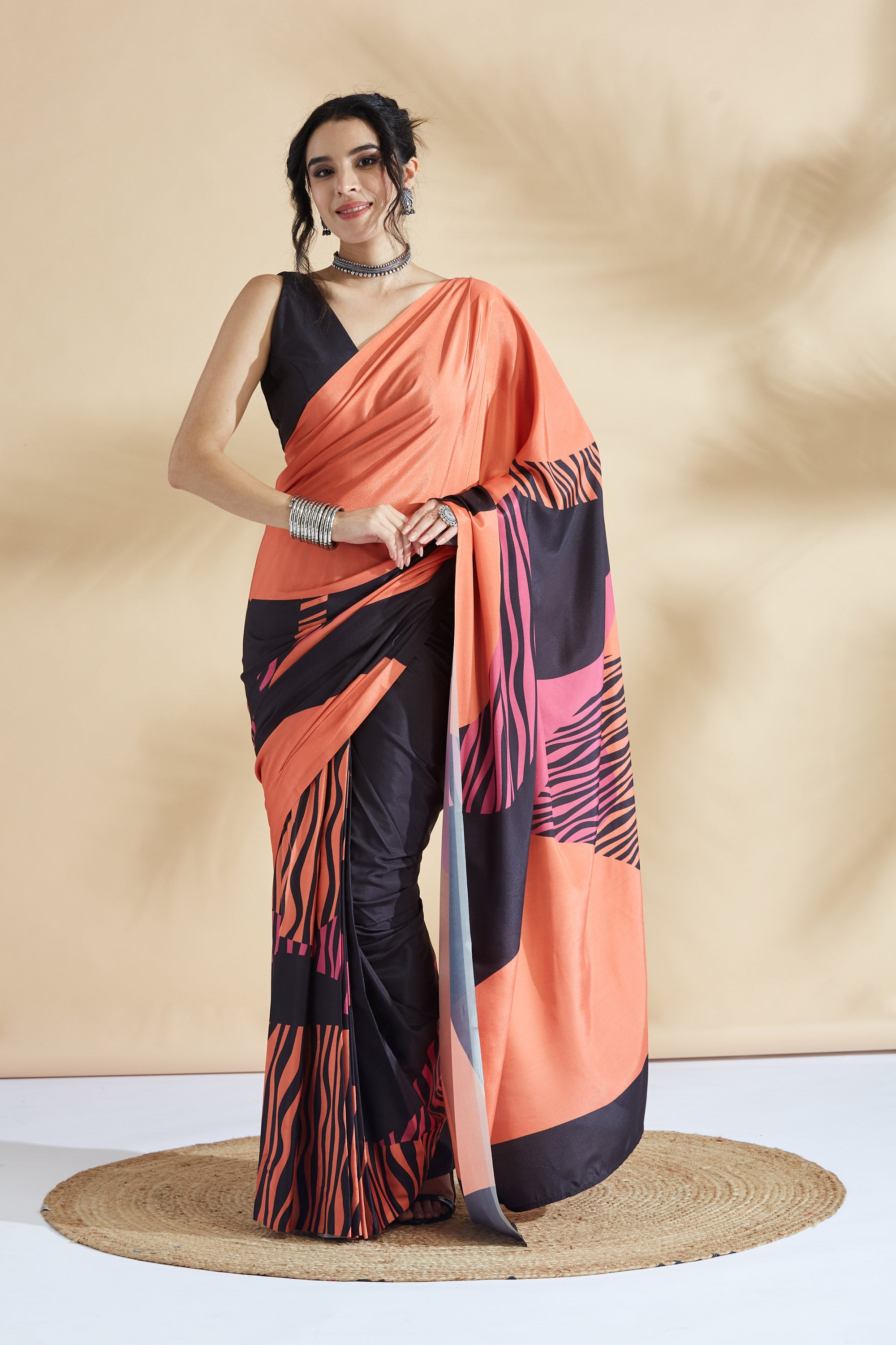 Peach Tropical Prints Multi Shades Saree
