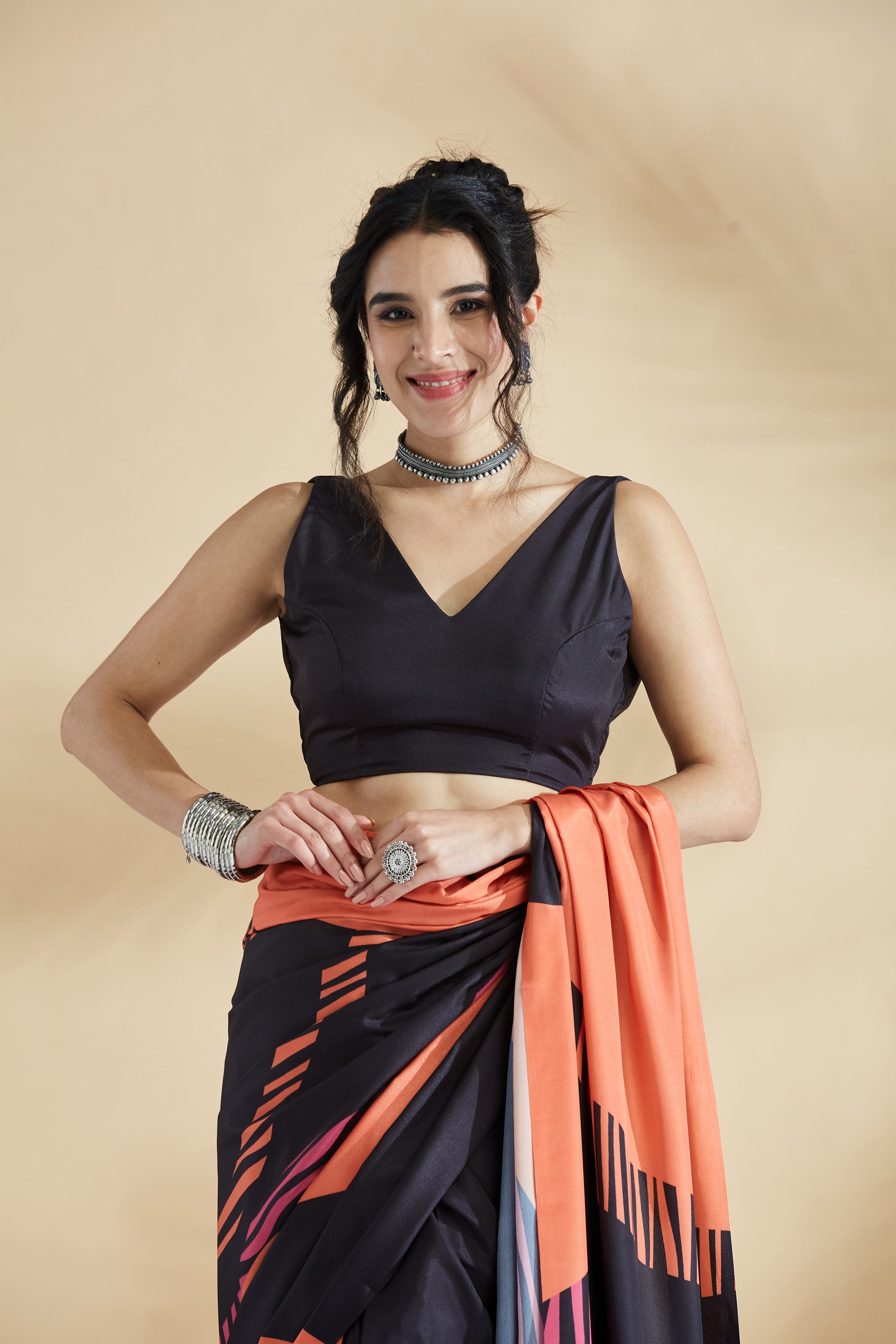 Peach Tropical Prints Multi Shades Ready to Wear Saree