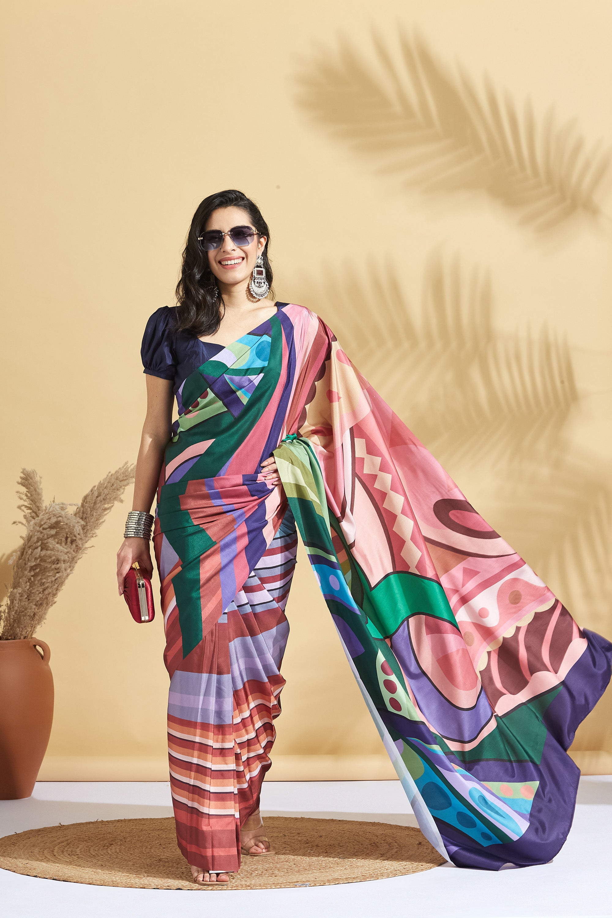 Digital Print Stripe Print Crepe Saree