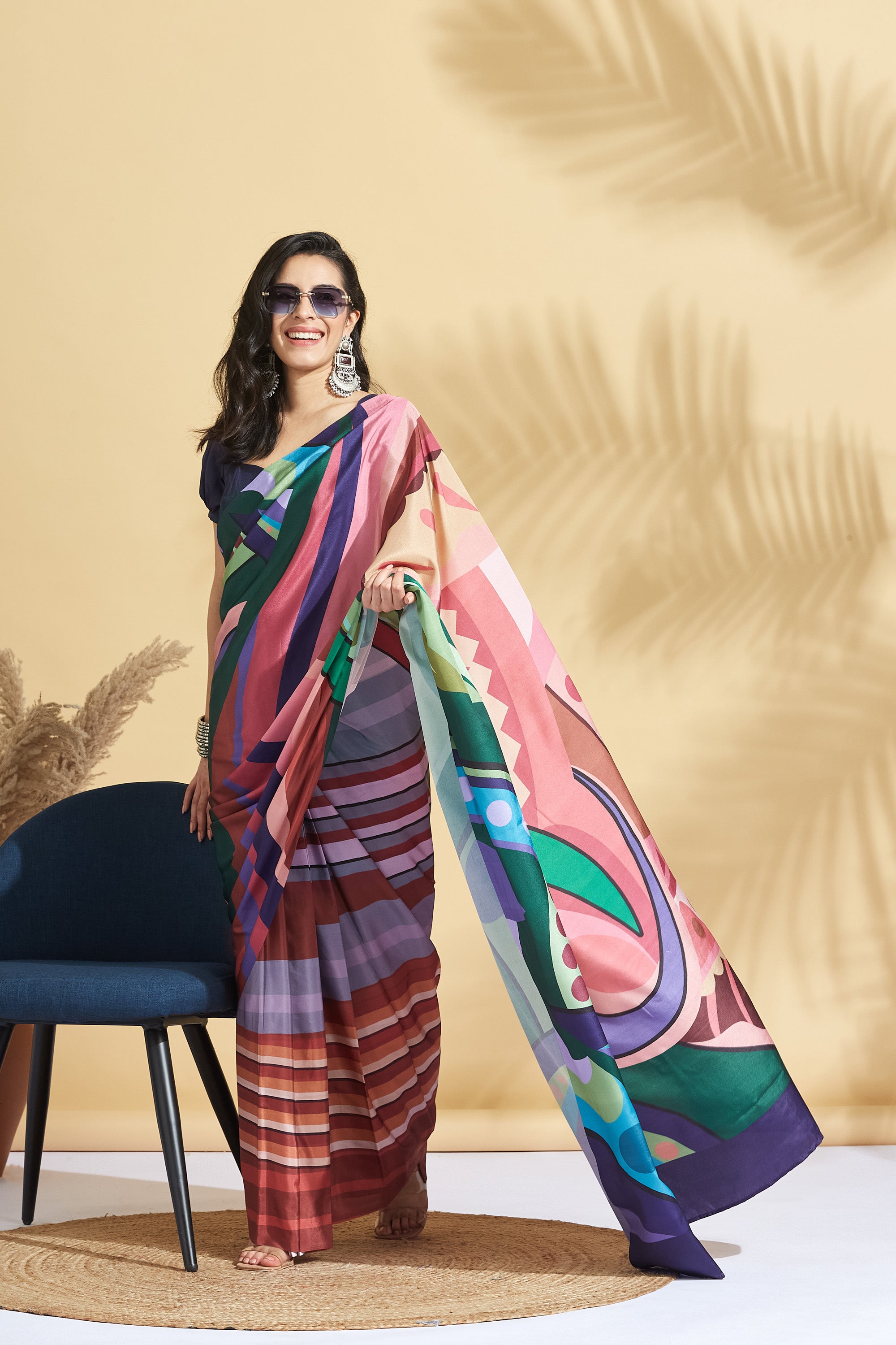 Digital Print Stripe Print Crepe Ready to Wear Saree
