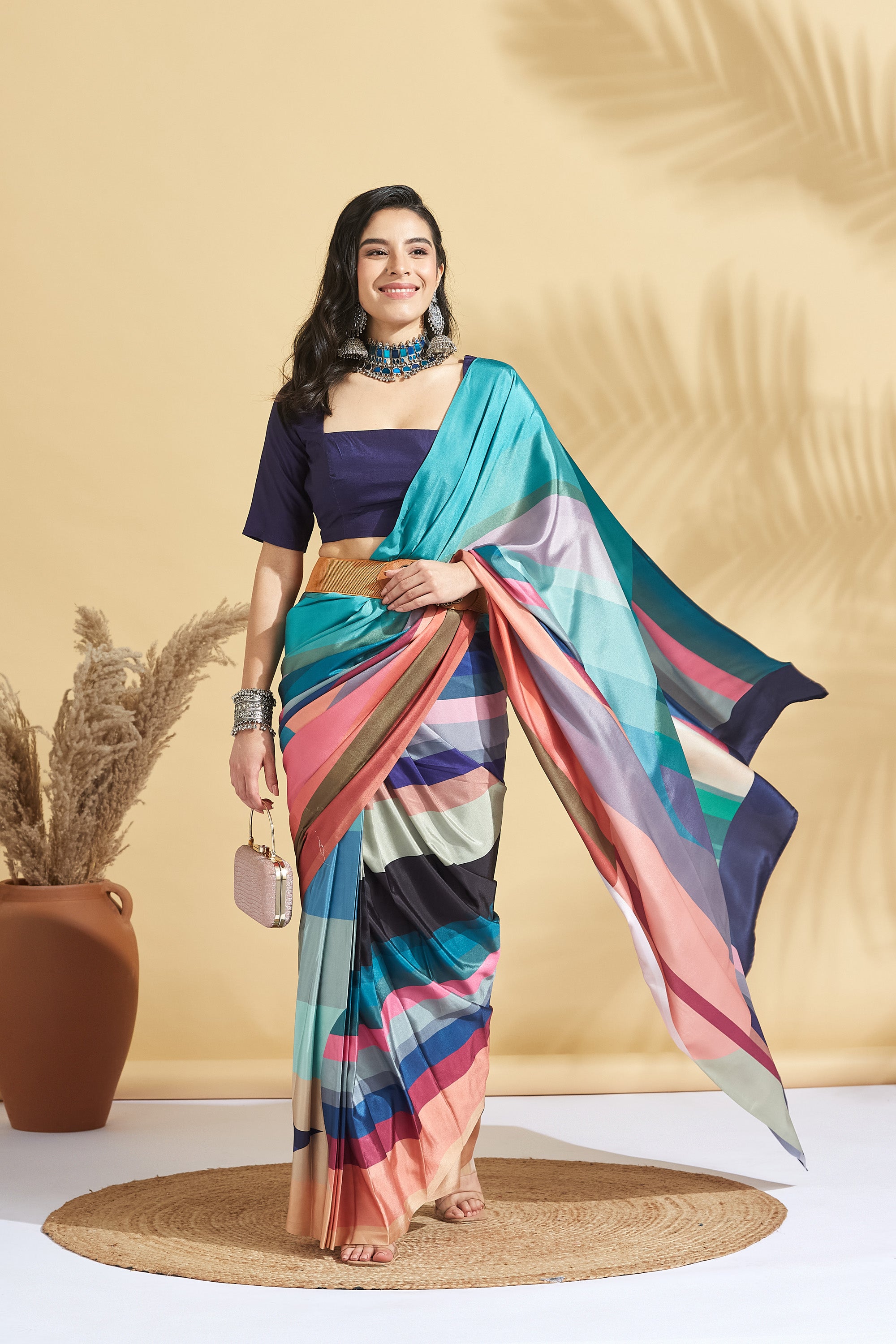 Digital Color Strips Print Satin Crepe Saree Saree