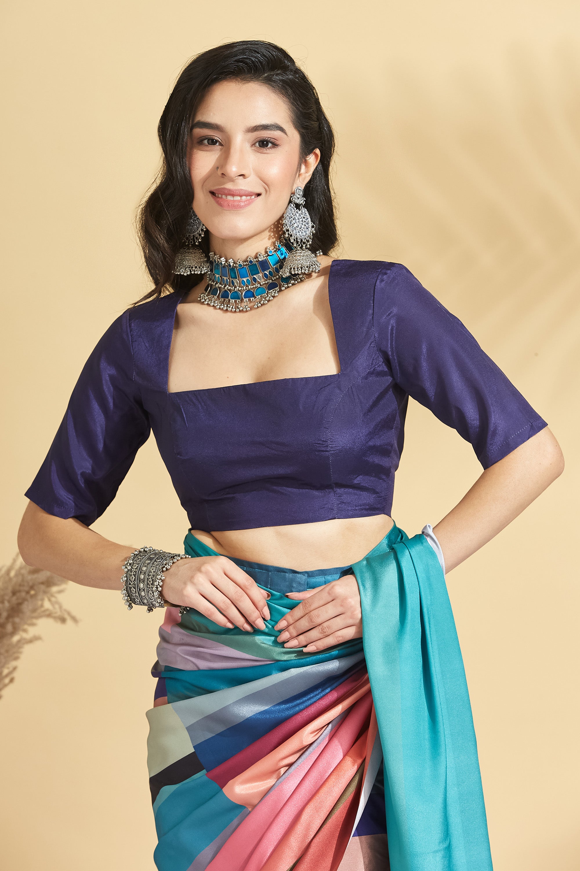 Digital Color Strips Print Satin Crepe Saree Ready to Wear Saree