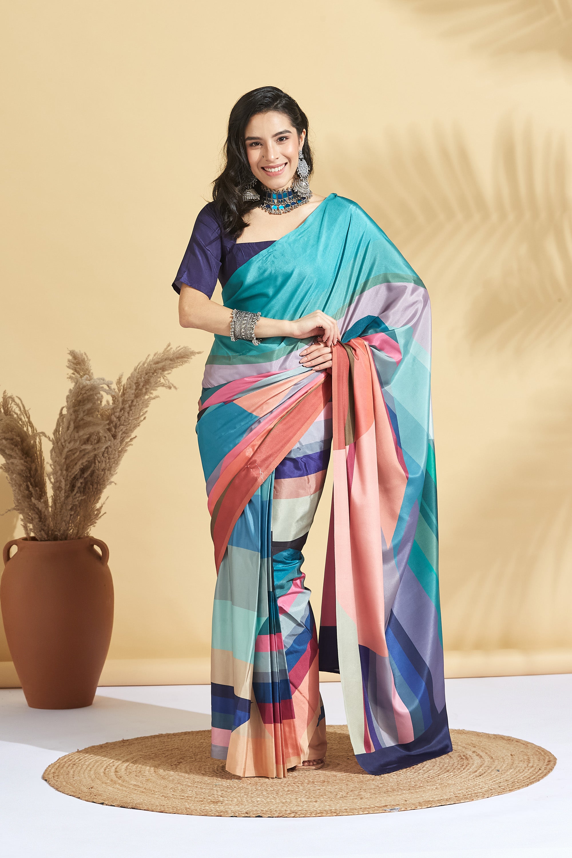 Digital Color Strips Print Satin Crepe Saree Ready to Wear Saree