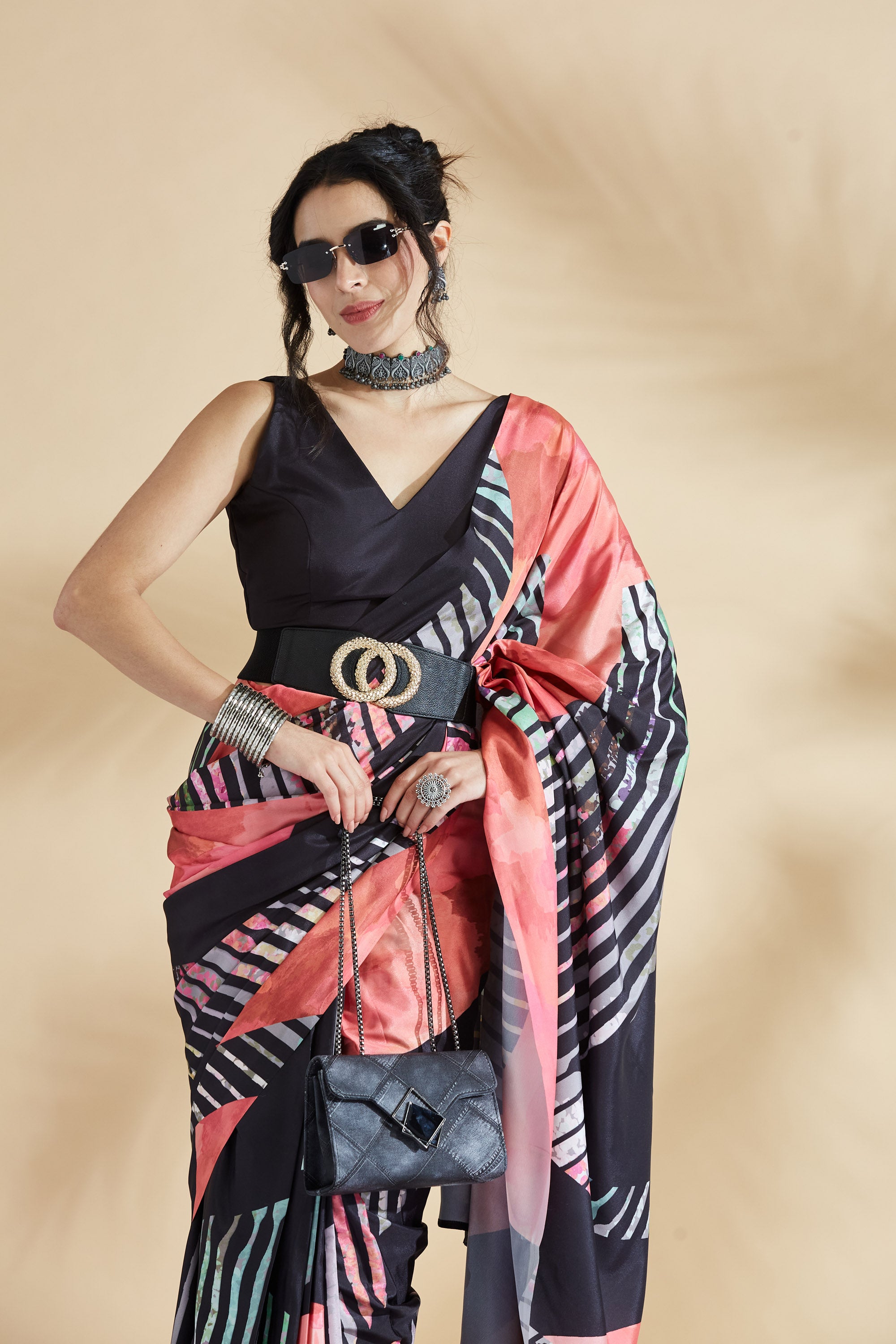 Digital Striped Printed Silk Crape  Saree
