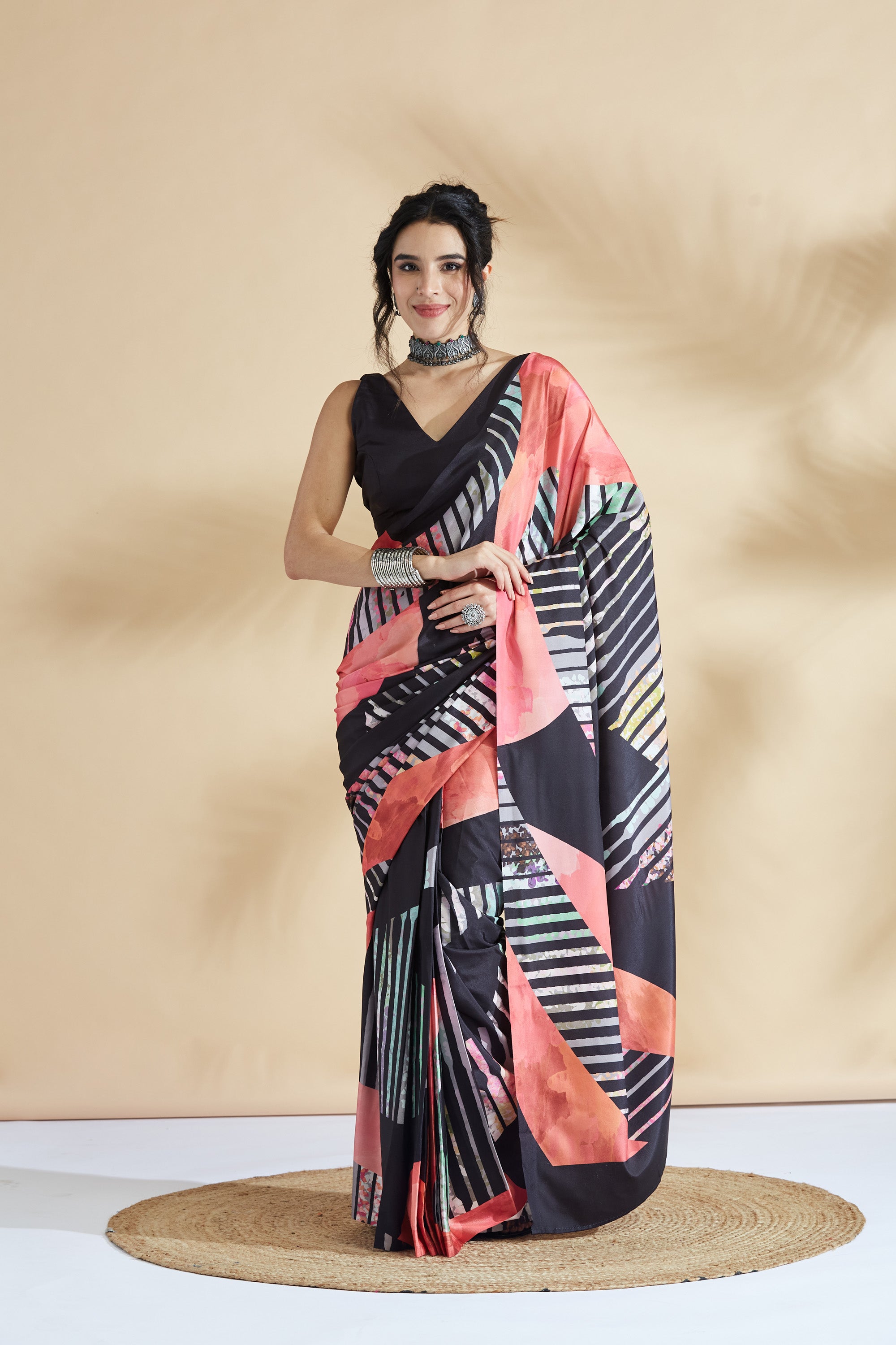 Digital Striped Printed Silk Crape  Saree