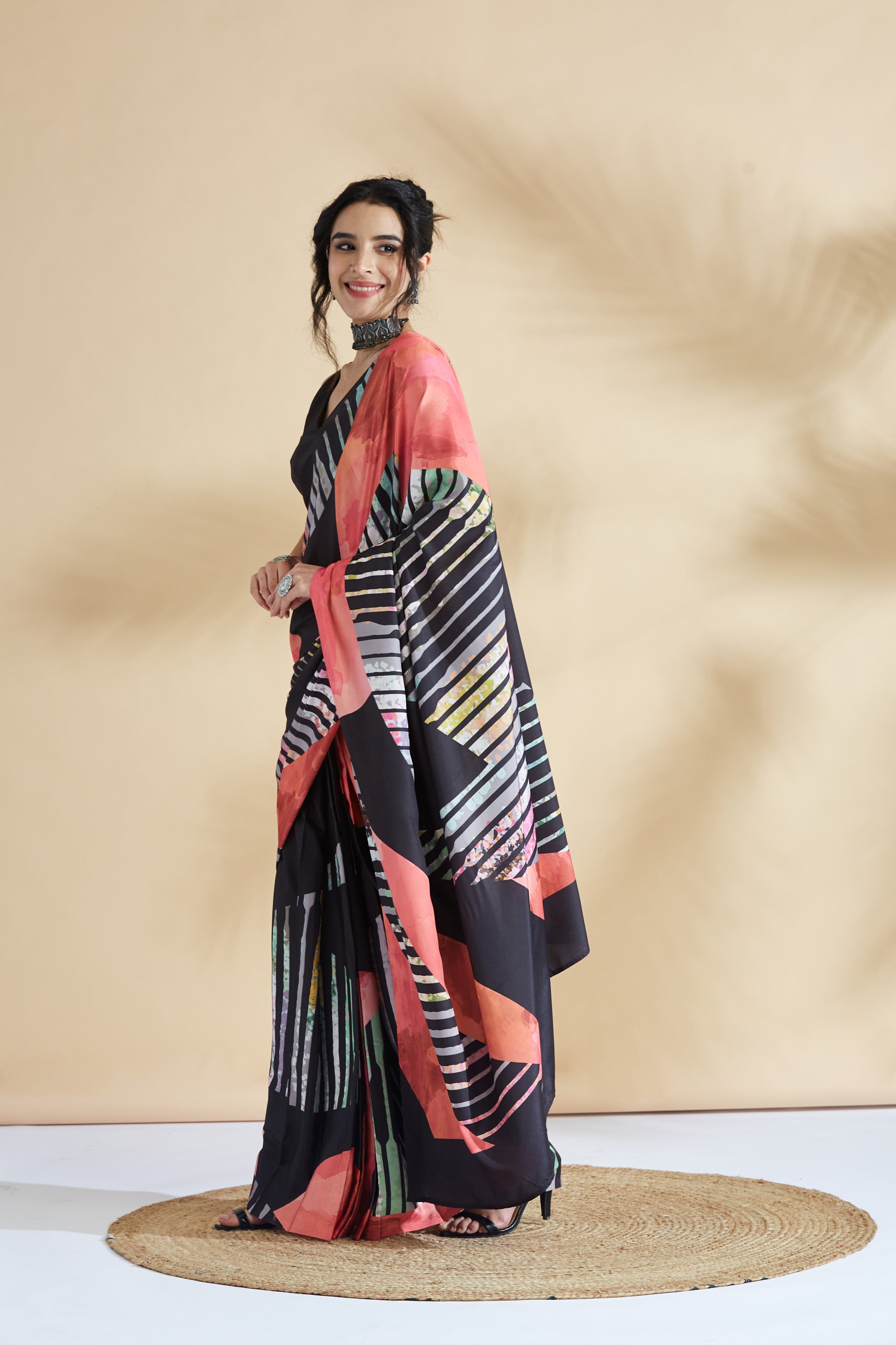 Digital Striped Printed Silk Crape  Saree