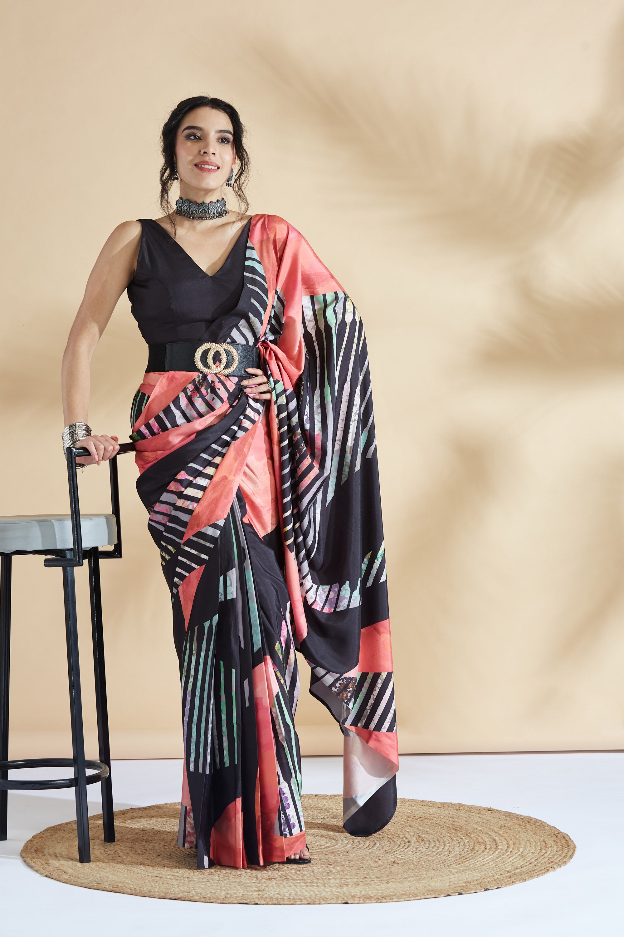 Digital Striped Printed Silk Crape  Saree