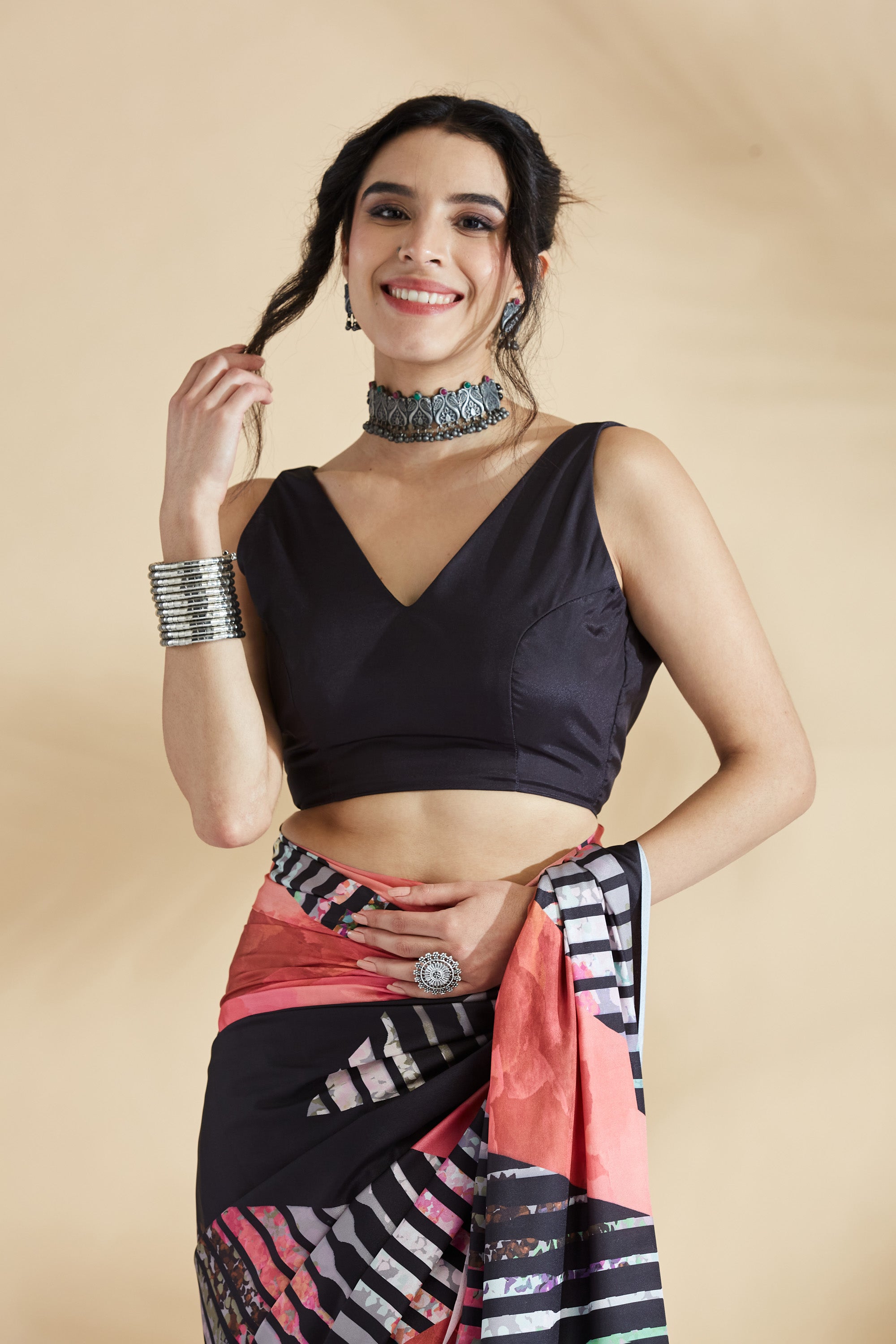 Digital Striped Printed Silk Crape  Saree