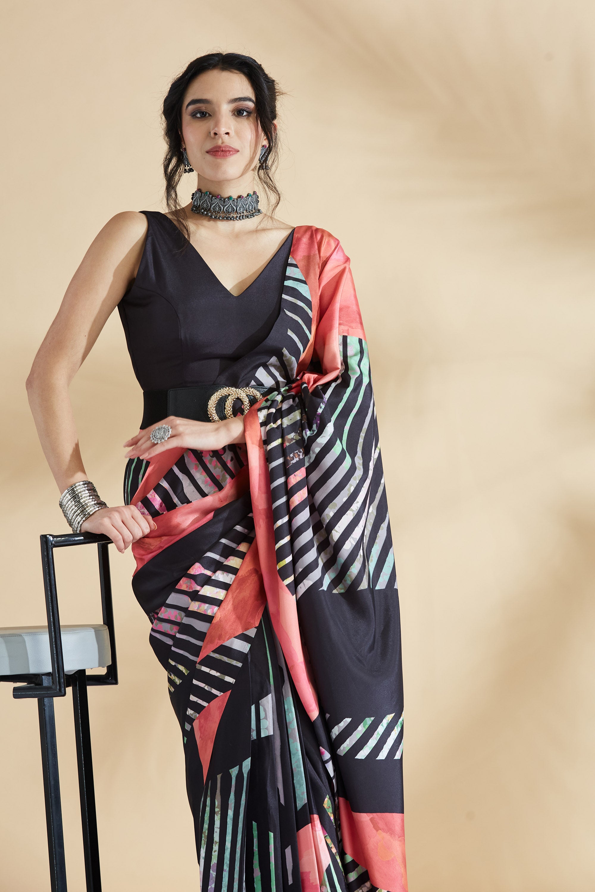 Digital Striped Printed Silk Crape  Saree