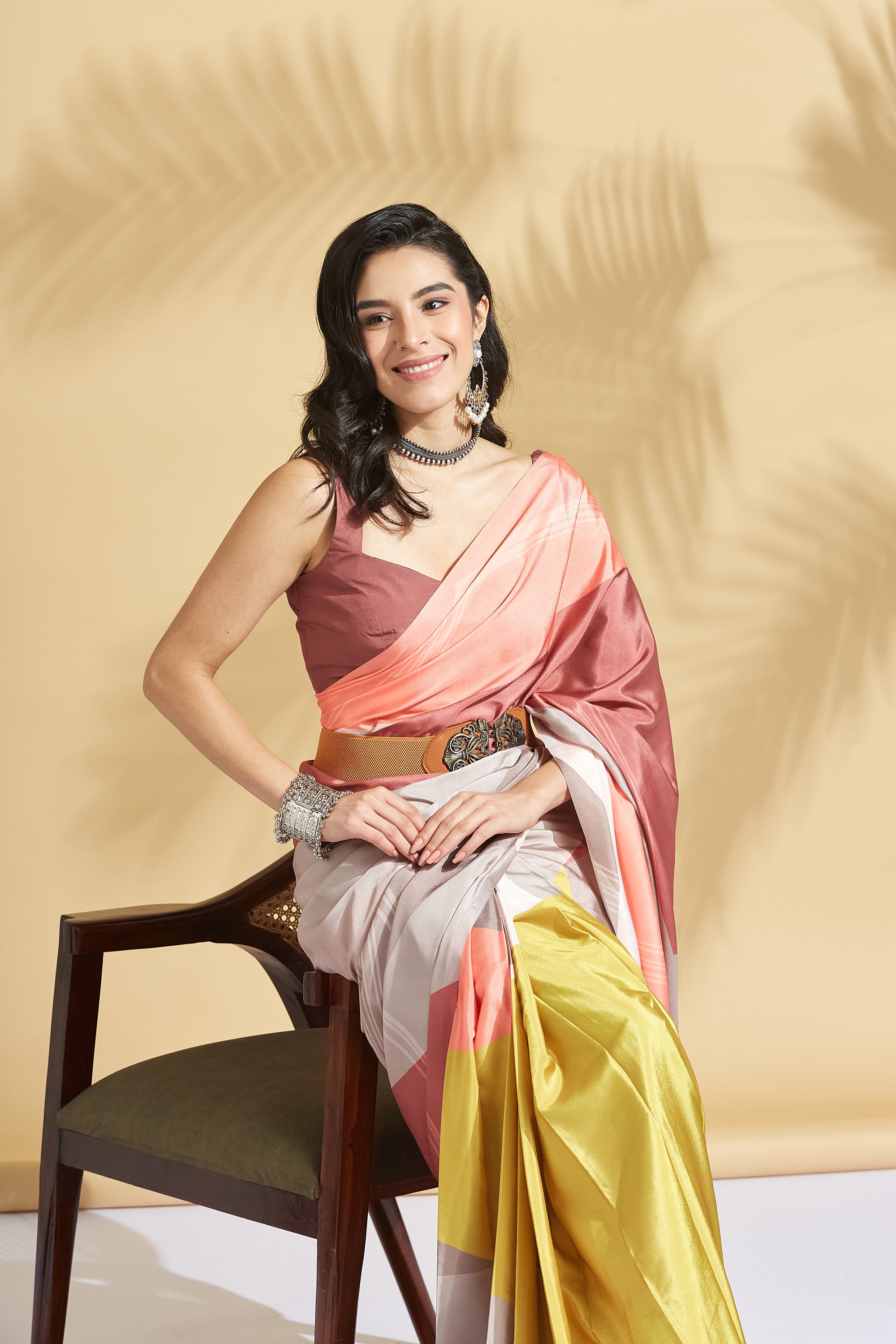 Digital Printed Colorblocked Satin Crepe Saree